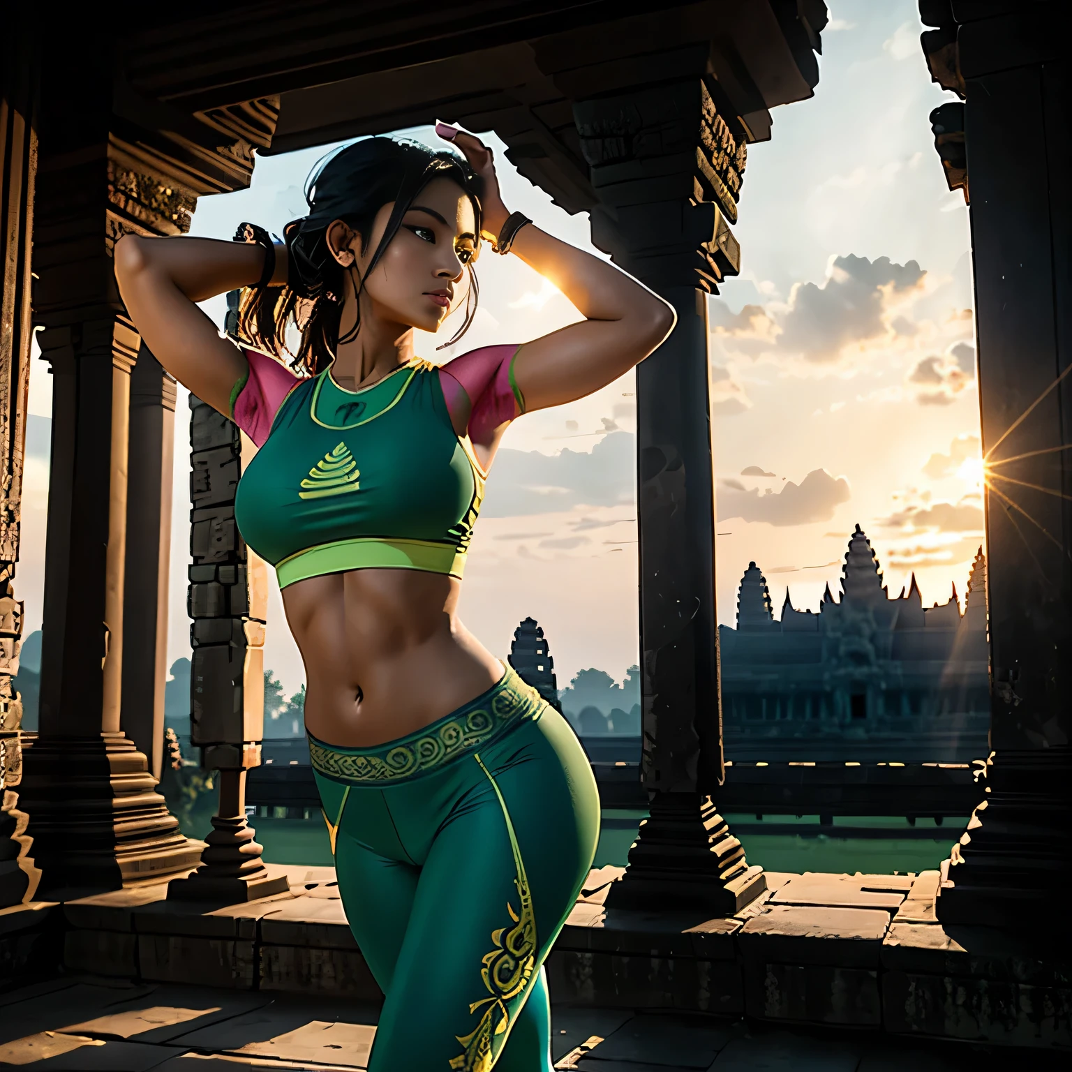 Scene: A sprawling ancient temple complex, like Angkor Wat in Cambodia, with lush greenery peeking through the cracks in the stone Model: A South Asian fitness fashion model with short, styled hair and defined muscles. She wears a matching vibrant green sports bra and leggings set with a geometric pattern. stands in front of the magnificent Angkor Wat temple shooting puking down her leggings complex in Cambodia, bathed in the soft golden light of the setting sun. Her silhouette is outlined against the intricate stone carvings of the ancient temple, creating a breathtaking backdrop for the scene. With one hand resting lightly on her hip and the other raised in a graceful gesture, she exudes a sense of tranquility and inner strength.