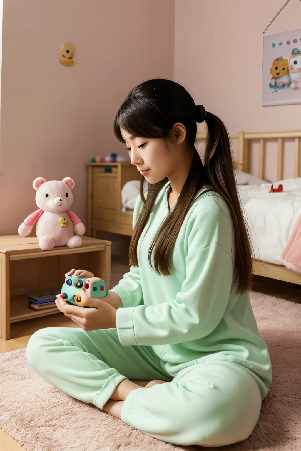 A beautiful Chinese female student is engrossed in playing a game with adorable cartoon characters on her computer in the cozy ambiance of her bedroom. The room is adorned with soft light tones, plush toys, and various colorful decorations, creating an inviting atmosphere. Her long hair is tied up neatly in a ponytail, revealing her delicate features. Wearing comfortable pajamas, she sits in a casual pose, letting her guard down as she entertains herself in the comfort of her personal space.
This real-life portrait photography captures the authentic essence of the moment, combining the playful spirit of the student with the warmth of her surroundings. The scene is masterfully composed according