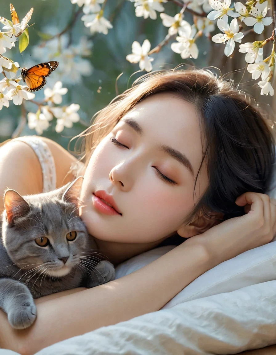 (best quality,4K,8K,HD,masterpiece:1.2),super detailed,actual:1.37,illustration,Inspiration for Studio Ghibli,Bed play,(girl,black hair,Lazily nuzzling a lazy cat with closed eyes in the morning),Lazy,charming,delicate eyes,(Highlighting the Expression of the girl's Fleshy Meticulous Little Lips),they hesitate,try to sleep,the essence of spring,butterflies flying spring flowers, spring tree, spring flowers, bright colors, warm sunlight, soft light, cozy atmosphere, energetic, young.