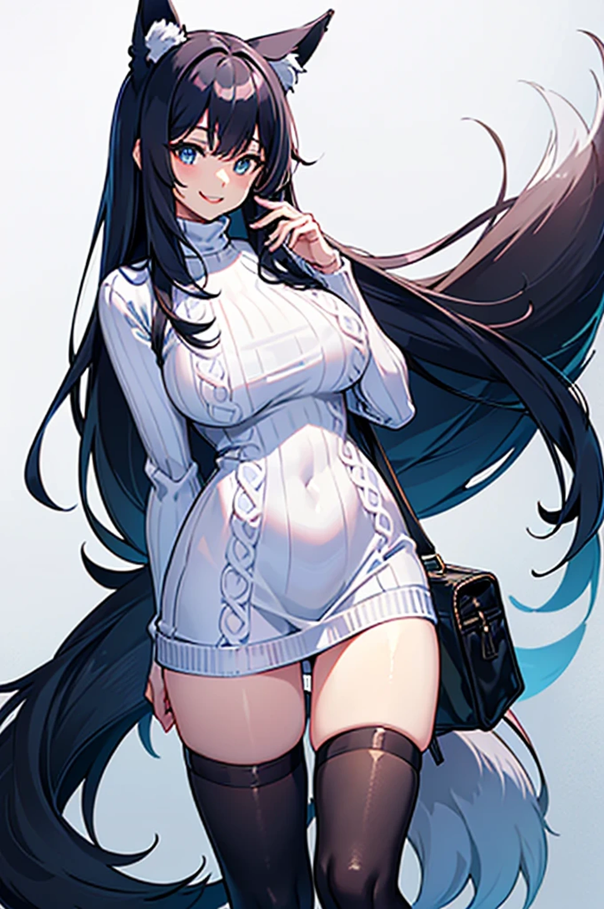light blue long hair, Japanese, huge , tight clothes, (black beat:1.2), (white turtleneck sweater:1.6), big thighs, crazy smile, (fox girl:1.2), Half body, big eyes