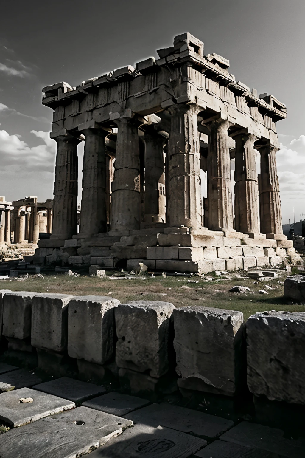 "A dark landscape image of an ancient greek society deeply connected to stoicism, black and white, ancient greek architecture, include a temple with a stereotypical strong greek man, marcus aurelius