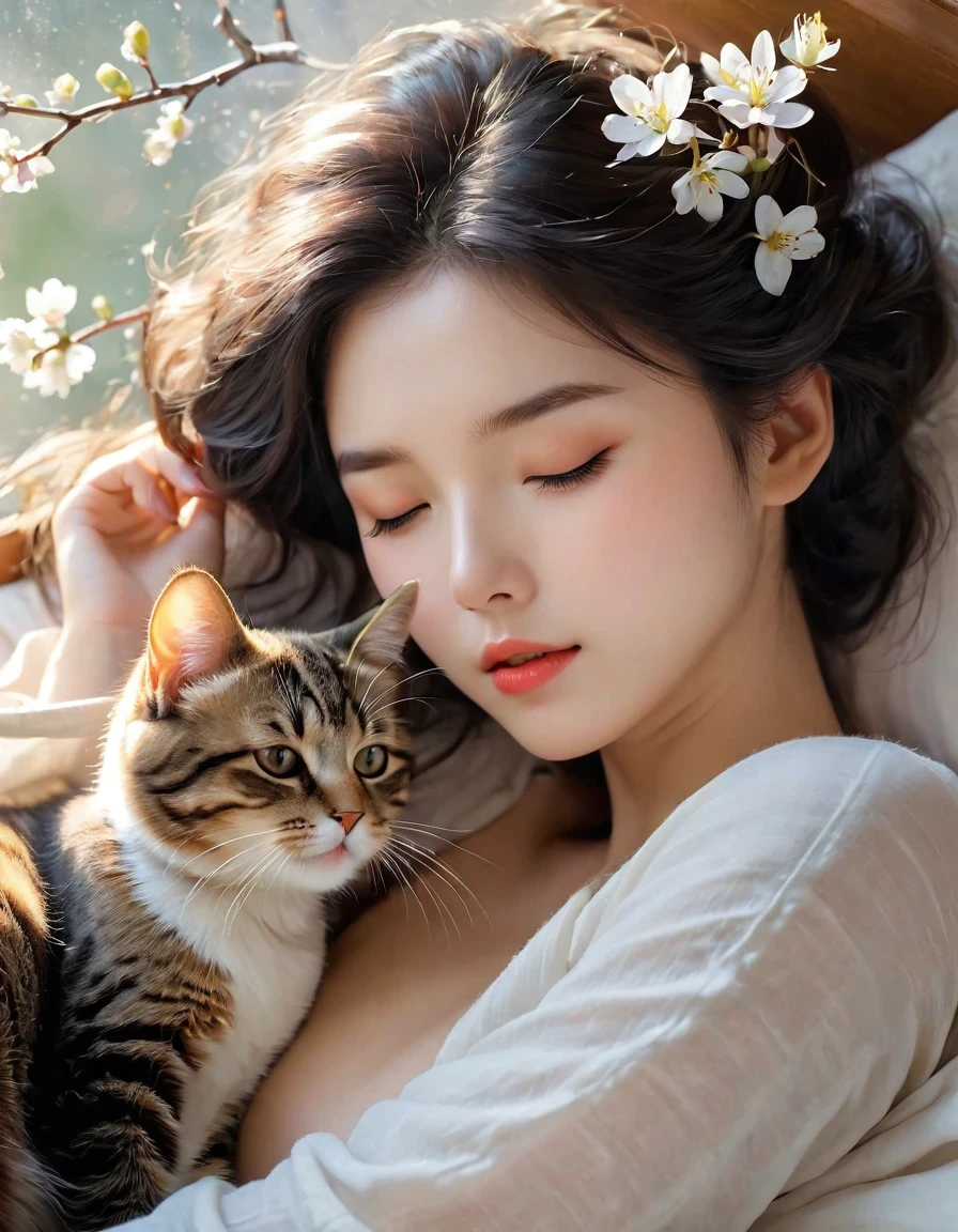(best quality,4K,8K,HD,masterpiece:1.2),super detailed,actual:1.37,illustration,Inspiration for Studio Ghibli,Bed play,(girl,black hair,Lazily nuzzling a lazy cat with closed eyes in the morning),Lazy,charming,delicate eyes,(Highlighting the Expression of the girl's Fleshy Meticulous Little Lips),they hesitate,try to sleep,the essence of spring,butterflies flying spring flowers, spring tree, spring flowers, bright colors, warm sunlight, soft light, cozy atmosphere, energetic, young.