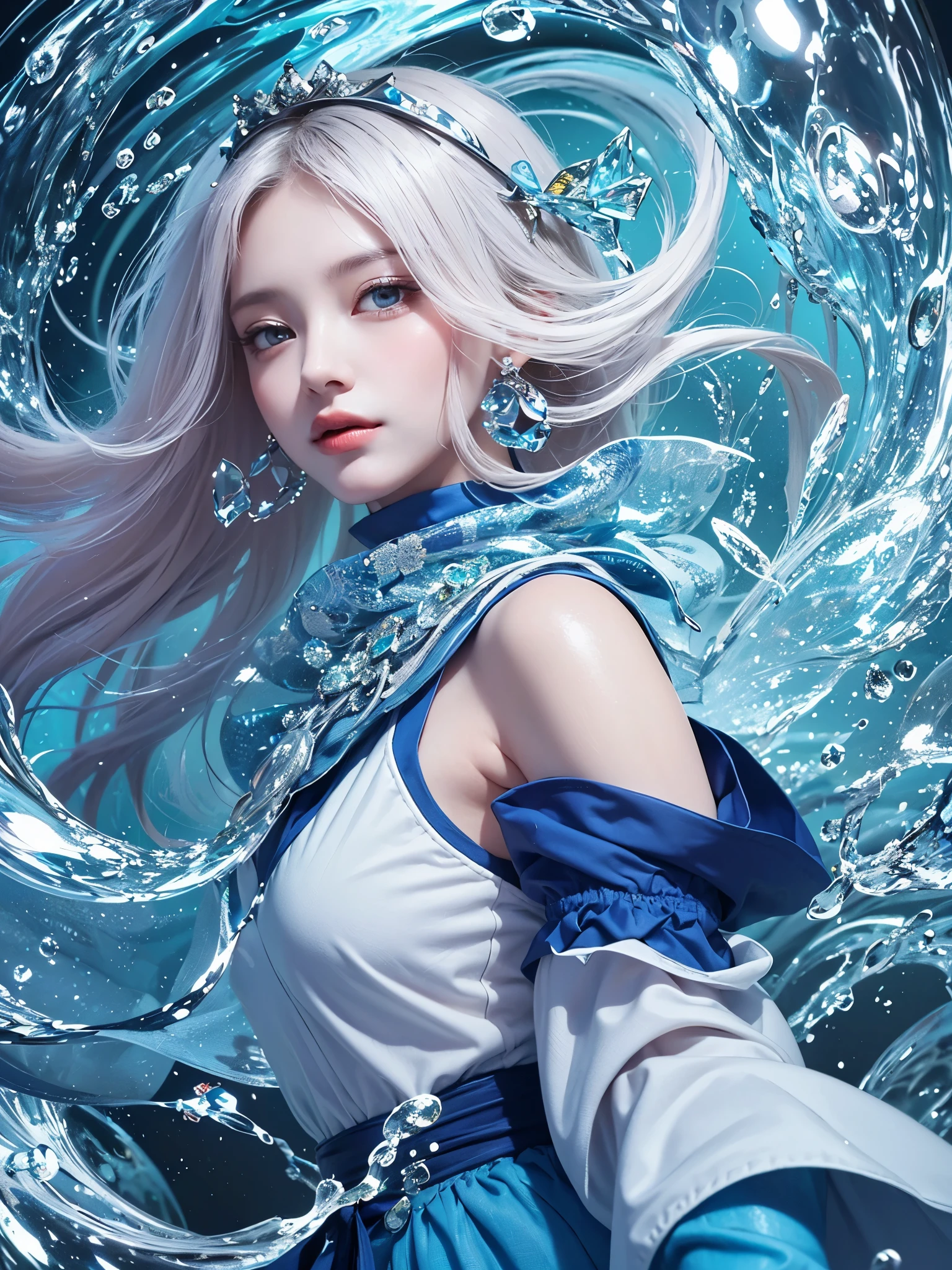 (masterpiece, top quality, the best, official art, Beautiful and beautiful: 1.2), smooth movement, charming pattern, 1 girl, (long skirt with sleeves: 1.3), blue clothes, Upper body close-up, Off the shoulder style, Chinese girl, portrait, alone, Upper body, gaze observer, Detailed background, Detailed face, (Crystal AI, water晶主题: 1.1), elemental water sprite, rotating water, control water, sapphire clothes, dynamic poses, floating particles, ethereal power, water, steam, 背景中的water晶, blue tint, Ethereal atmosphere,