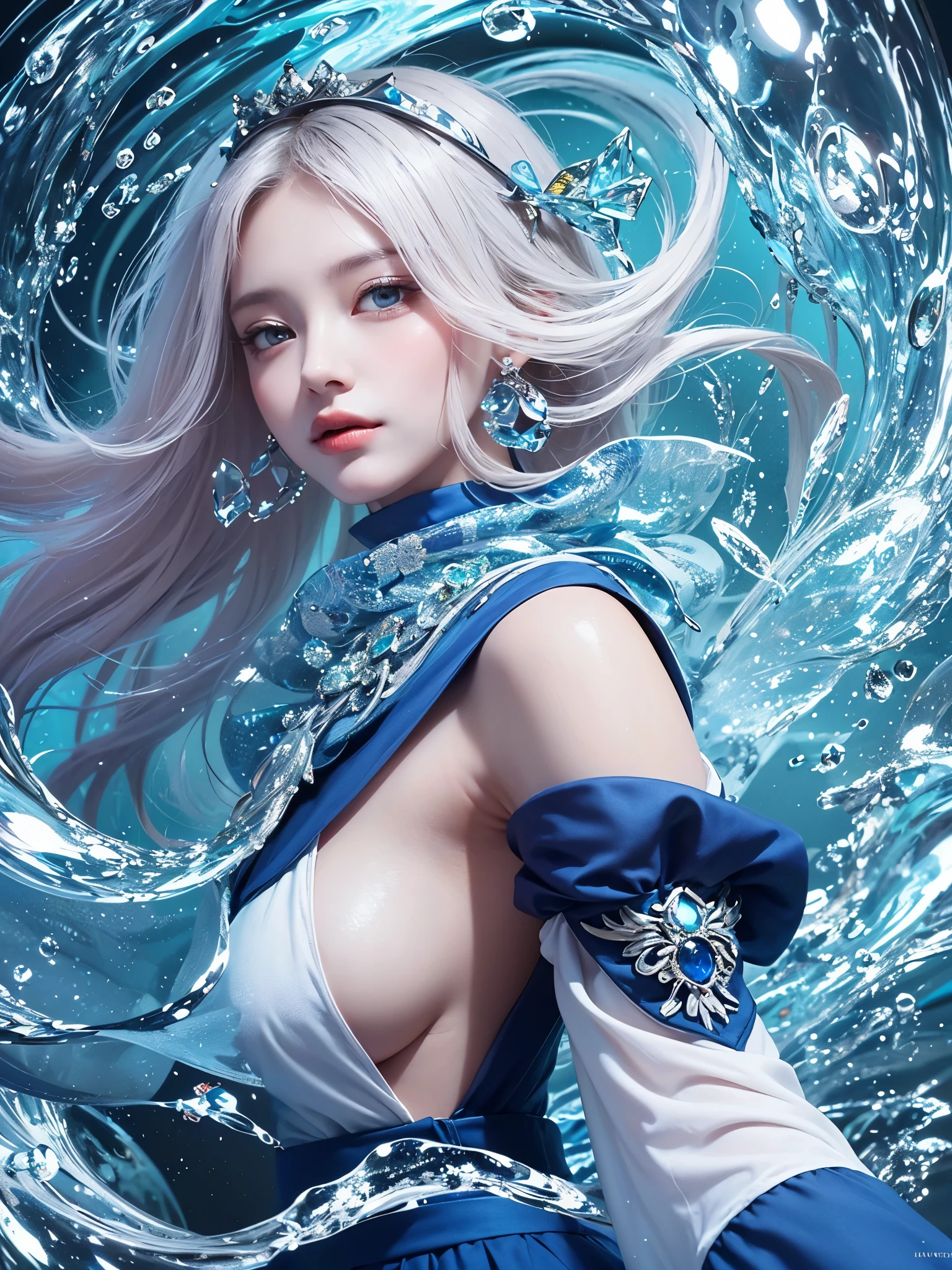 (masterpiece, top quality, the best, official art, Beautiful and beautiful: 1.2), smooth movement, charming pattern, 1 girl, (long skirt with sleeves: 1.3), blue clothes, Upper body close-up, Off the shoulder style, Chinese girl, portrait, alone, Upper body, gaze observer, Detailed background, Detailed face, (Crystal AI, water晶主题: 1.1), elemental water sprite, rotating water, control water, sapphire clothes, dynamic poses, floating particles, ethereal power, water, steam, 背景中的water晶, blue tint, Ethereal atmosphere,