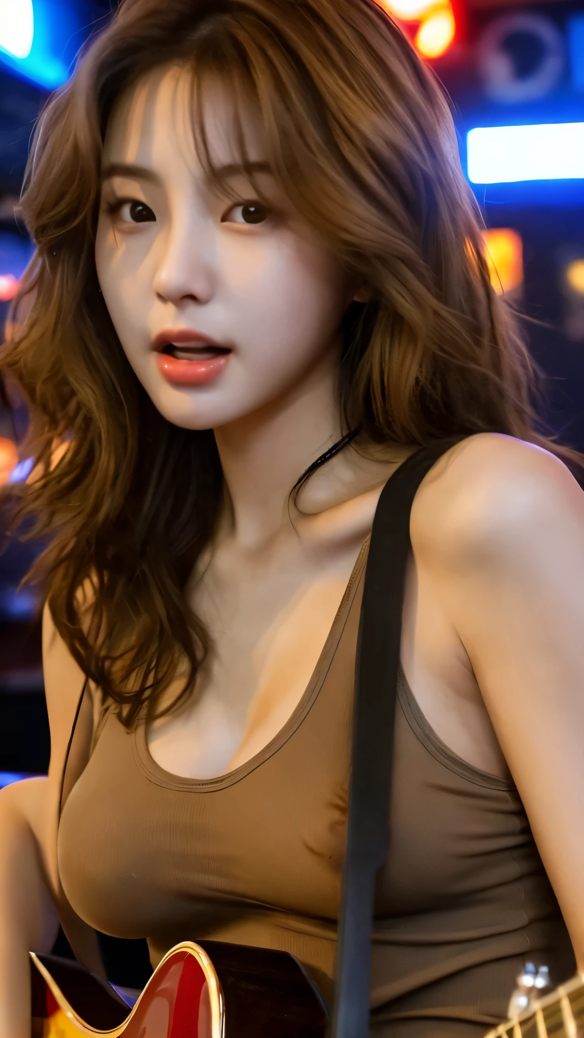 beautiful korean female, 34inch breasts size, straight long hair, slightly smile, wearing pyjamas, Stand and open the curtains to look out the window.night, UHD
