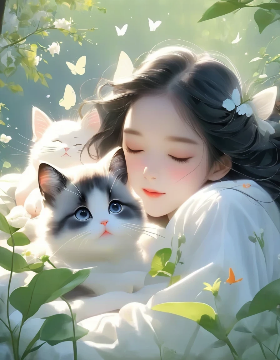 (best quality,4K,8K,HD,masterpiece:1.2),super detailed,actual:1.37,illustration,Inspiration for Studio Ghibli,Bed play,(girl,black hair,Lazily nuzzling a lazy cat with closed eyes in the morning),Lazy,charming,delicate eyes,(Highlighting the Expression of the girl's Fleshy Meticulous Little Lips),they hesitate,try to sleep,the essence of spring,butterflies flying spring flowers, spring tree, spring flowers, bright colors, warm sunlight, soft light, cozy atmosphere, energetic, young.