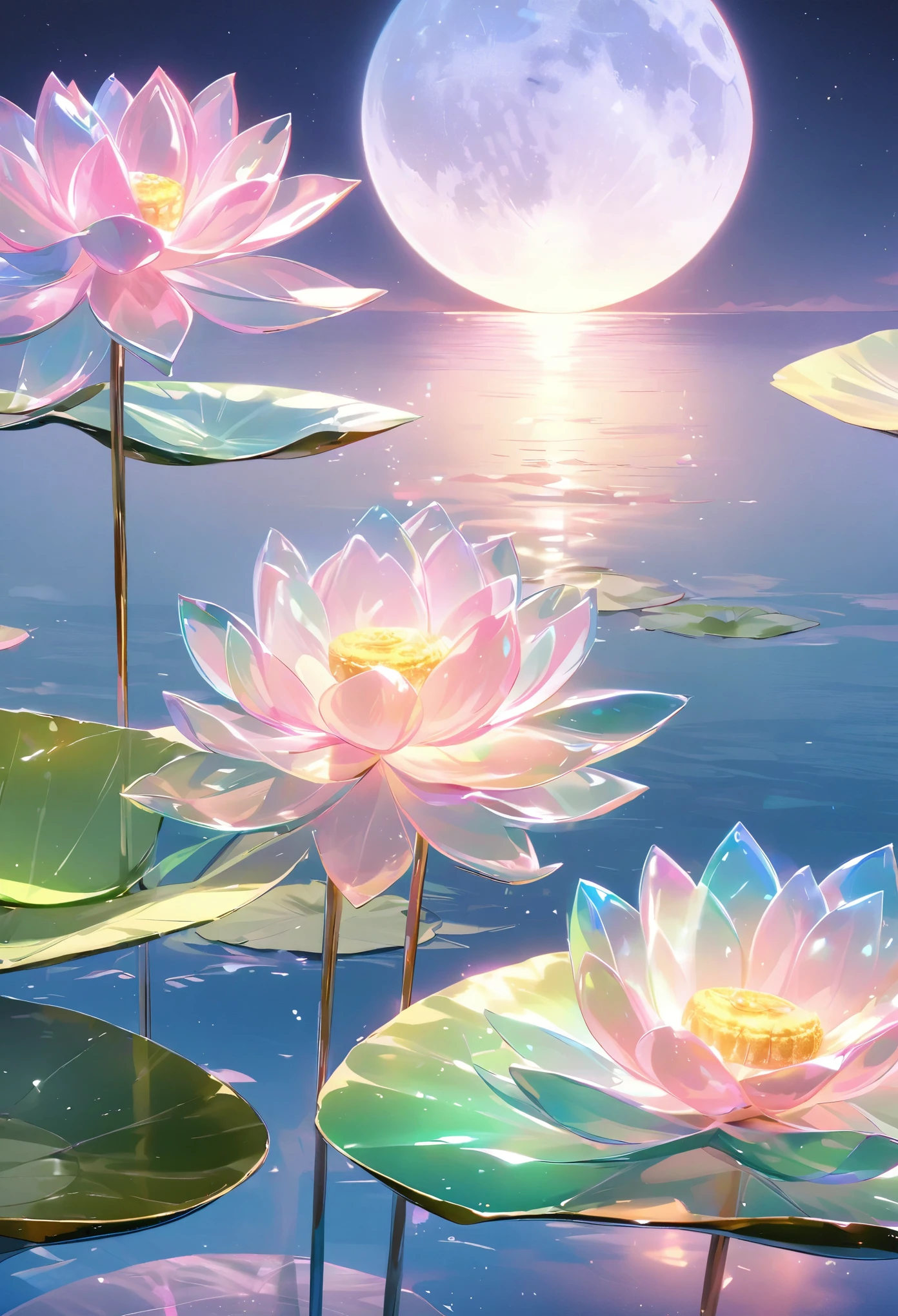 ((only one lotus leaf)),night,moon,lake surface,gold,pink,green,glass texture、Light, Gradient translucent glass melt, clean