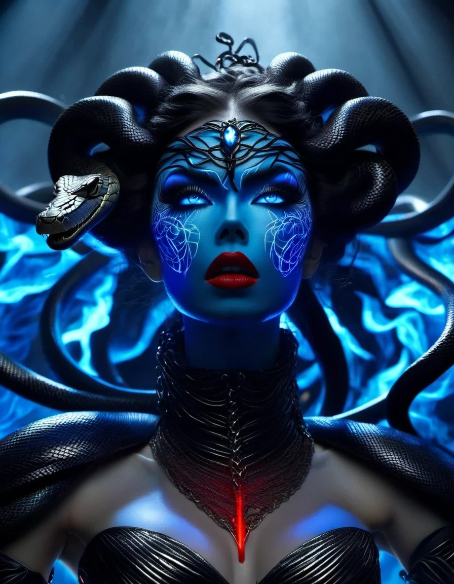 Gothic style red,(Greek mythology Medusa wearing a very strange costume is blowing protruding large amounts of black smoke:1.5),(human head snake body),(Hair made of countless snakes),(snake scale skin),Black smoky makeup,There is red blood in the corner of the eye,Red snake tongue sticking out from open mouth,Blue seductive eyes,(In the foreground is the blue laser aurora emitting beams:0.3),complex clothing design, dreamworks animated bjork, james cameron avatar style, fantasy movie,darkness is always there,Beauty and warmth come from darkness,Gorgeous model,waste plastic,废electric wire、electric wire,dead branches,Decadence scent,Alexander has a strong flavor of Gothic asceticism,gothic style,Savage growth,Optoelectronic style,science fiction,Surrealism,Dreamism,