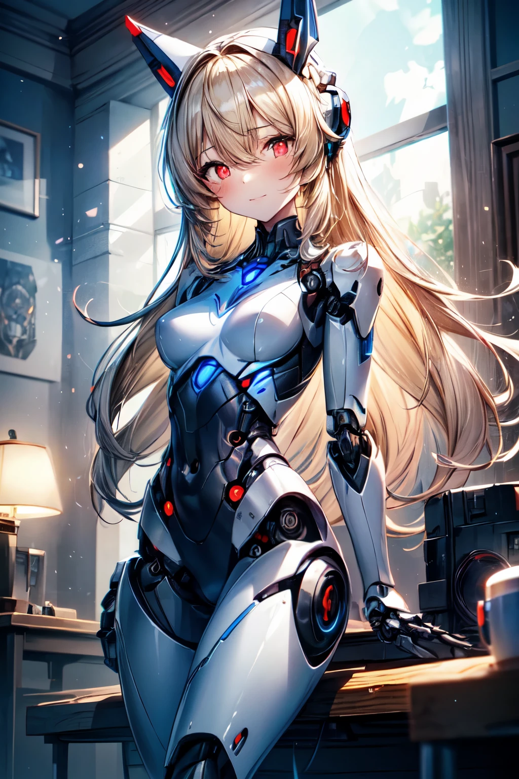 an extremely delicate,
(beautiful robot 1girl:1.4),
break,
8k,
best quality,
masterpiece,
ultra hires,
ultra detailed,
super fine illustration,
break,
dynamic pose, active pose,
dynamic angle,
indoors,
shiny,

rim lighting,
Cinematic Lighting,

break,

(solo:1.2),

college age,
perfect female body,











break,
shiny blonde hair,
long hair,
big hair,
fluffy hair,
air bangs,
long bangs between eyes,
boyish face,
smile,
(red eyes:1.2), (glowing cyborg eyes:1.2),








(constricted pupils:1.3),
bare thighs,
bare shoulders,
doll joints,
small breasts,
break,
white body,

(pale blue power button),
(mech ear headgear),