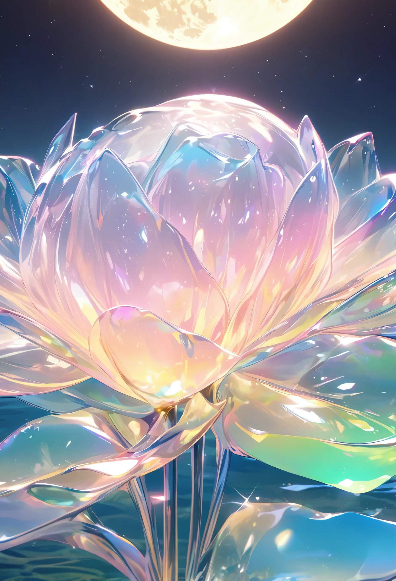 (Beauty),night,moon,lake surface,gold,pink,green,glass texture、Light, Gradient translucent glass melt, clean