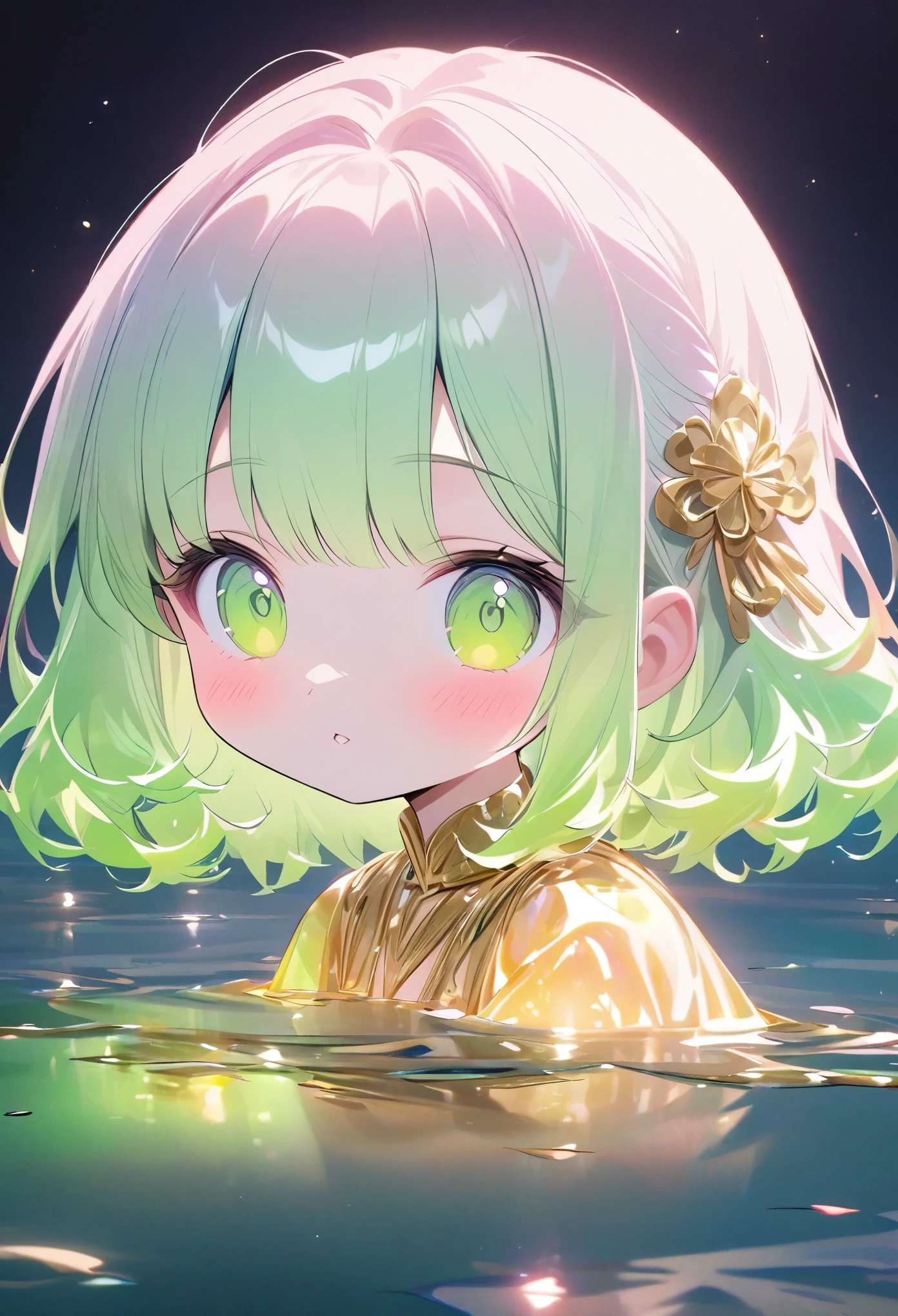 (Beauty),night,moon,lake surface,gold,pink,green,glass texture、Light, Gradient translucent glass melt, clean