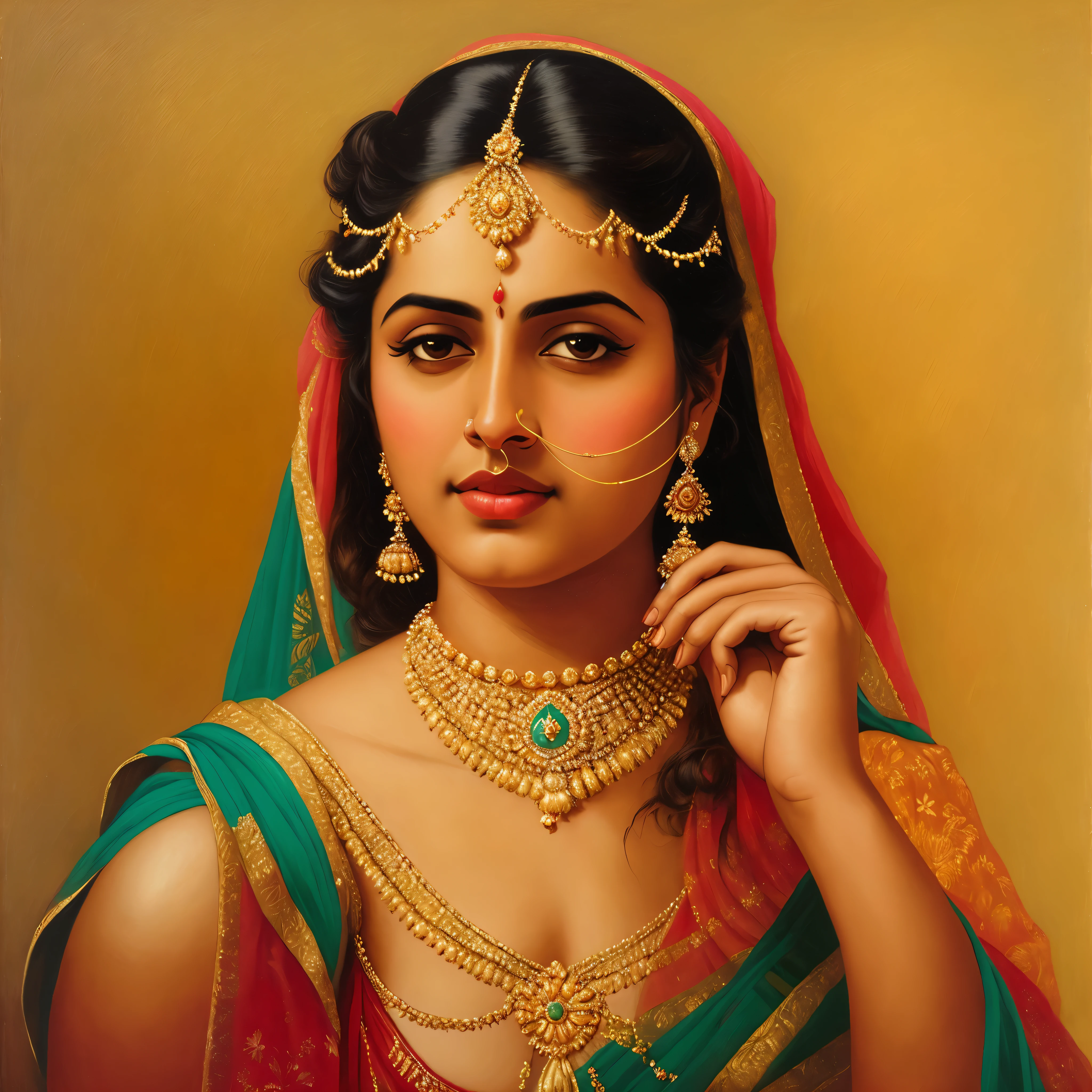 Reclining Nair Lady by artist Raja Ravi Varma, Realistic, 8K, ultra-detailed, intricate,Unreal Engine, midjourney art style impressionism, abstract, (oil painting , dry brushstrokes), negative space, vibrant colours, extremely beautiful lady, gorgeous, perfect thick healthy figure,