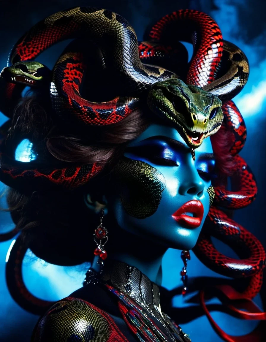 in style of Light painting, in style of Screenprint, beautiful detailed哥特风格红色，Greek mythology Medusa wearing a very strange costume is blowing protruding large amounts of black smoke：0.9），（human head snake body），（Hair made of countless snakes），（snake scale skin：1.2），Black smoky makeup，There is red blood in the corner of the eye，（）A red, slender tongue protrudes from the open mouth.：1.35），Blue seductive eyes，（In the foreground is the blue laser aurora emitting beams：0.3），complex clothing design, dreamworks animated bjork, james cameron avatar style, darkness is always there，Beauty and warmth come from darkness，Gorgeous model，There are also many snake scales growing on the black arms.，Thin figure，dead branches，Decadence scent，Alexander has a strong flavor of Gothic asceticism，gothic style，Savage growth，Optoelectronic style，science fiction，