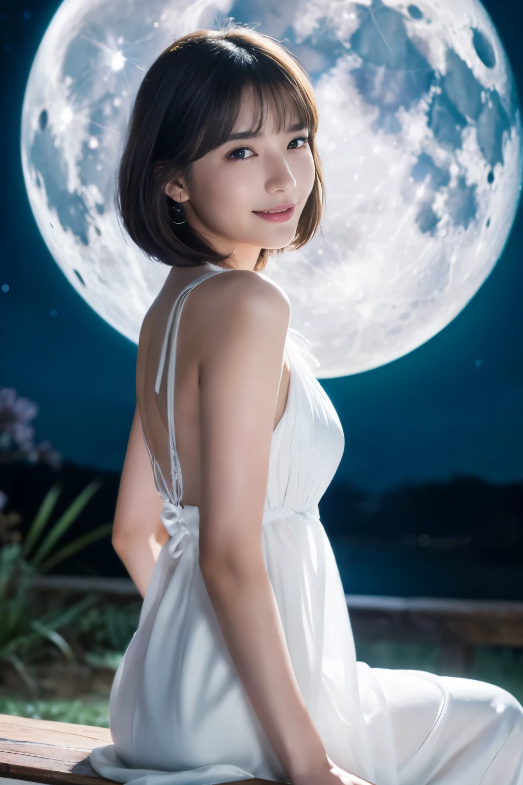 ((table top:1.4, highest quality)), (realistic pictures:1.4), 
((1 girl)), (Pure actress), (dream-like),
(超High resolution:1.2), very delicate and beautiful, wonderful, Highly detailed CG Unity 8K wallpaper, Super detailed, High resolution, 
soft light, beautiful detailed girl, highly detailed eyes and face, beautifully detailed nose, beautiful and detailed eyes, 
(wear a light white dress:1.3), (A girl full of mysterious beauty),
cinematic lighting, perfect anatomy, slender body, (parted bangs),
(sitting:1.3), (night view), (moon), (moon光の美しさ),
cowboy shot, looking at the viewer, smile
