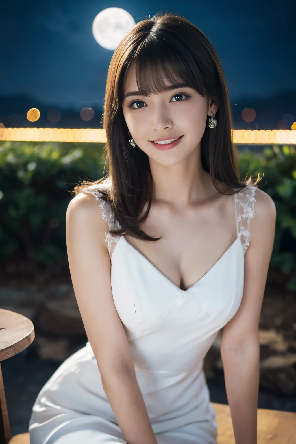 ((table top:1.4, highest quality)), (realistic pictures:1.4), 
((1 girl)), (Pure actress), (dream-like),
(超High resolution:1.2), very delicate and beautiful, wonderful, Highly detailed CG Unity 8K wallpaper, Super detailed, High resolution, 
soft light, beautiful detailed girl, highly detailed eyes and face, beautifully detailed nose, beautiful and detailed eyes, 
(wear a light white dress:1.3), (A girl full of mysterious beauty),
cinematic lighting, perfect anatomy, slender body, (parted bangs),
(sitting:1.3), (night view), (moon), (moon光の美しさ),
cowboy shot, looking at the viewer, smile
