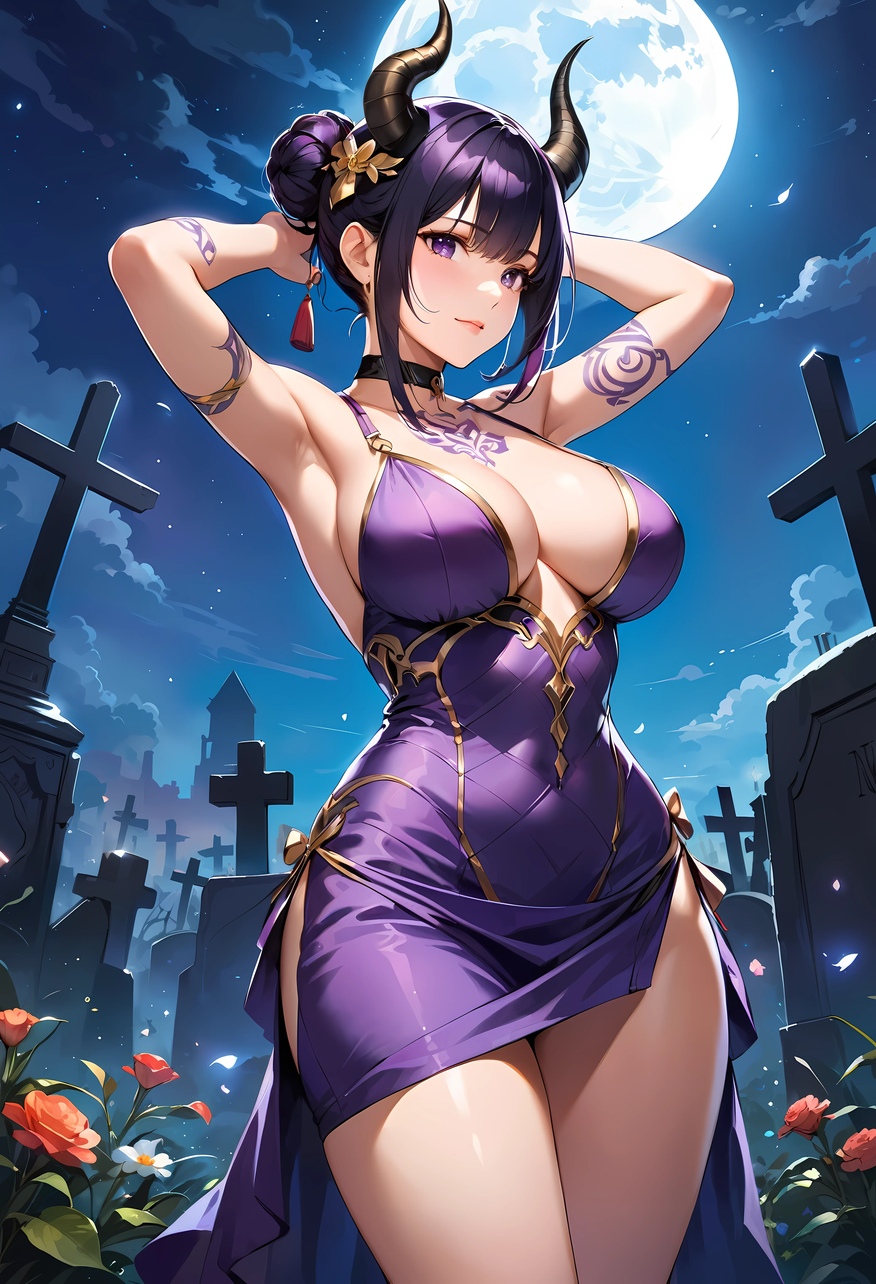 (masutepiece, Best Quality, High resolution:1.3), solo, alone, milf, cowboy shot, Description Girls, detail hands, Detail fingers, Detail Face, cute face, detail legs, overdetailed art, Fine details, (large breasts, wide hips, sexy), (black hair), hair bun, hair ornament, (purple short dress:1.2),(purple eyes), bare shoulders, jewelry, collarbone, detached sleeves, choker, purple dress, skimpy, twisted horns, (black horns:1.2),(Horns on the sides of the head), sexy, (crying mole), (graveyard), (night , dark, moon) , ((tattoo)) , (keeling) , (arms behind the heads:1.2)