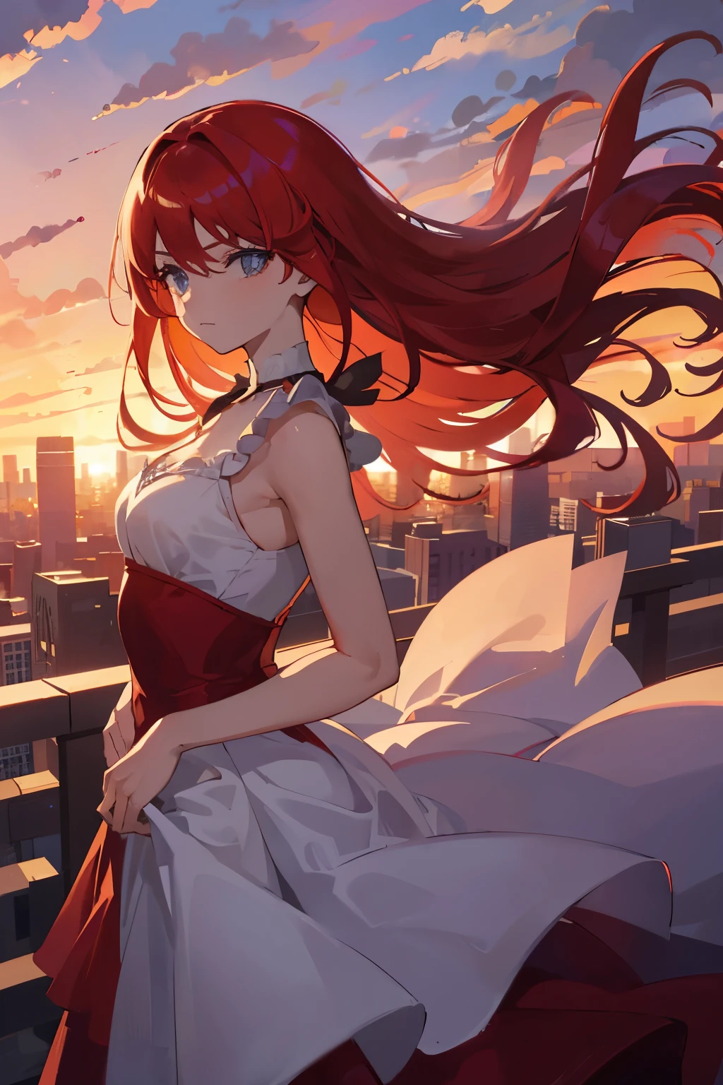 Girl standing on the rooftop of a building in a vibrant red dress with cascading, colorful long tresses billowing in the air, (zoomed: 1.1), (cityscape view: 1.2), (sunset: 1.1), high-rise buildings, fiery red sky, urban scenery, city lights, flowing dress, best quality, masterpiece, dynamic clouds, kaleidoscope of colors, ethereal atmosphere, windswept hair, breathtaking view, stunning beauty, remarkable details, cinematic composition, impeccable lighting, captivating presence, mesmerizing expression, intense depth of field, flawless execution.