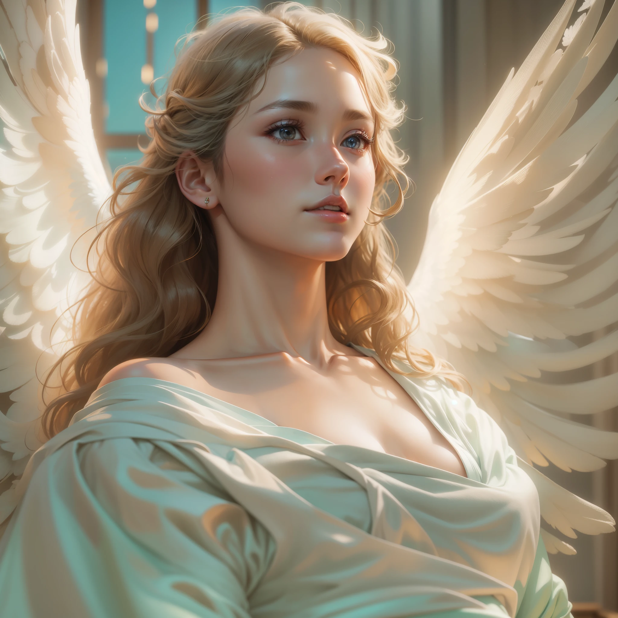 masterpiece, highest quality, 8K, real person, realistic, Very detailed CG, shiny skin, Fully focused, heaven, glory of god, shine, Angel, bless, happiness,