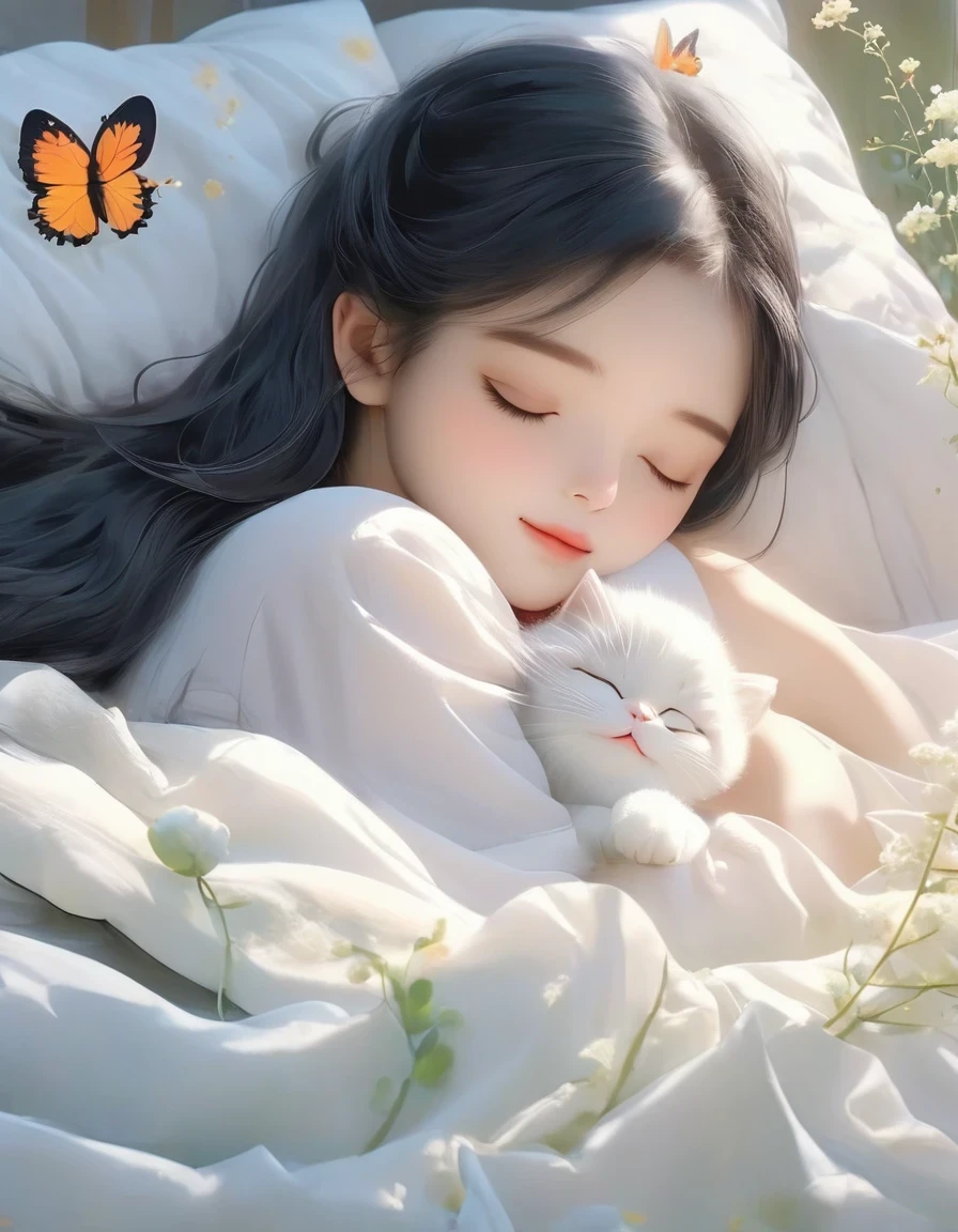 (best quality,4K,8K,HD,masterpiece:1.2),super detailed,actual:1.37,illustration,Inspiration for Studio Ghibli,Bed play,(girl,black hair,Lazily nuzzling a lazy cat with closed eyes in the morning),Lazy,charming,delicate eyes,(Highlighting the Expression of the girl's Fleshy Meticulous Little Lips),they hesitate,try to sleep,the essence of spring,butterflies flying spring flowers, spring tree, spring flowers, bright colors, warm sunlight, soft light, cozy atmosphere, energetic, young.