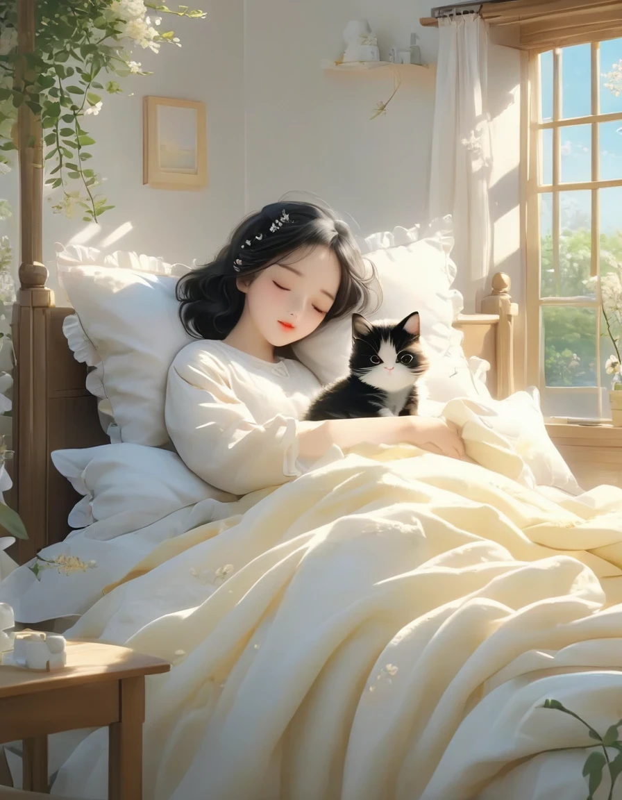 (best quality,4K,8K,HD,masterpiece:1.2),super detailed,actual:1.37,illustration,Inspiration for Studio Ghibli,Bed play,(girl,black hair,Lazily nuzzling a lazy cat with closed eyes in the morning),Lazy,charming,delicate eyes,(Highlighting the Expression of the girl's Fleshy Meticulous Little Lips),they hesitate,try to sleep,the essence of spring,butterflies flying spring flowers, spring tree, spring flowers, bright colors, warm sunlight, soft light, cozy atmosphere, energetic, young.