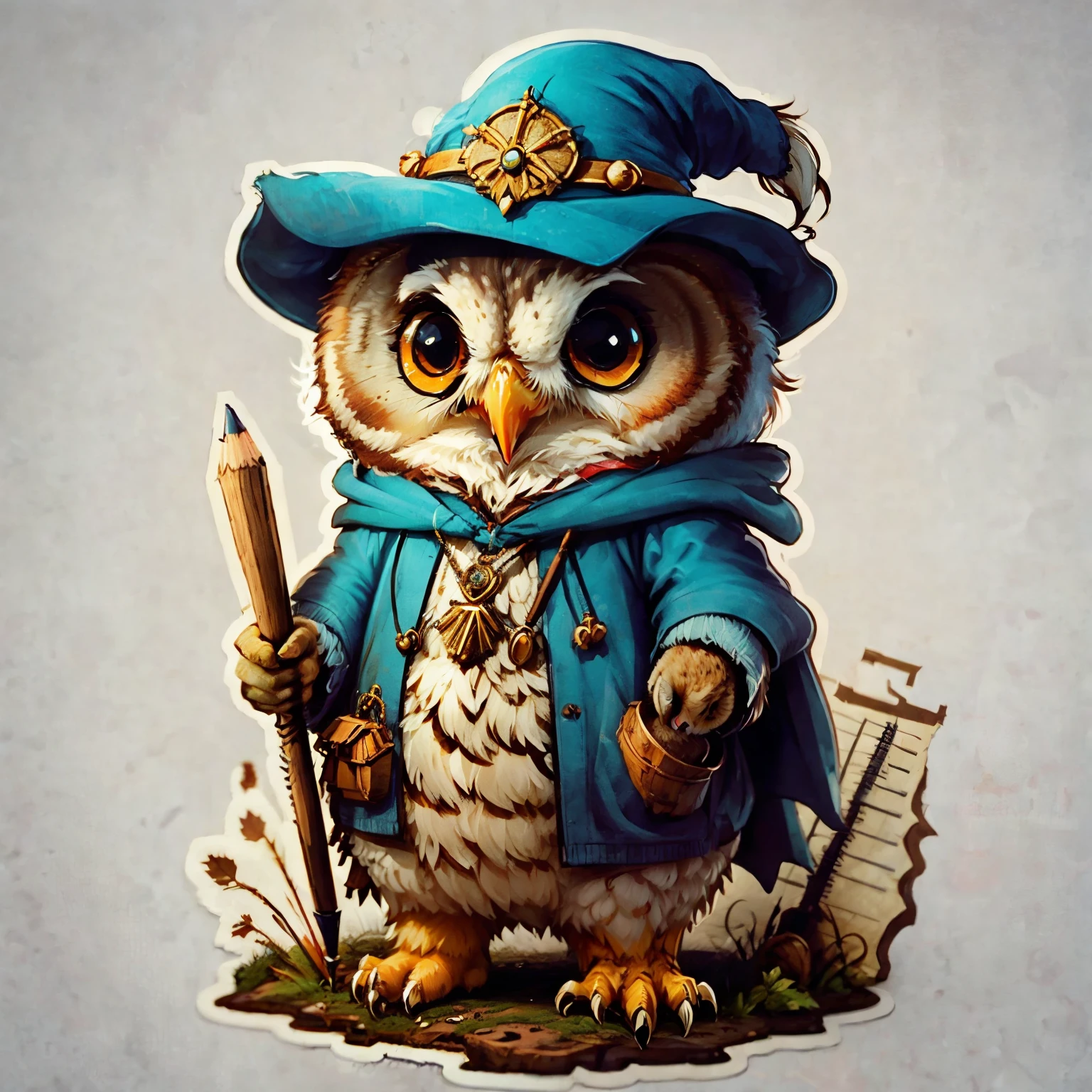 cute cartoon sticker of an owl dressed as an fantasy wizard with pencil-like element