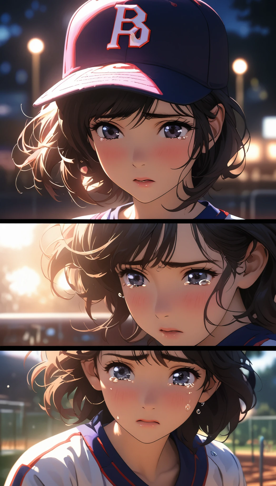 Comic city hunter style,15 year old beautiful girl,playground,baseball uniform,baseball cap,short hair,Wronged,cry,Tears keep flowing,close up,portrait,rich and colorful,Japanese manga artist Tsukasa Hojo'style,depth of field,Overclocked renderer,movie lighting,Ultra-fine,super detailed,complicated,cinematic perspective,CG art,