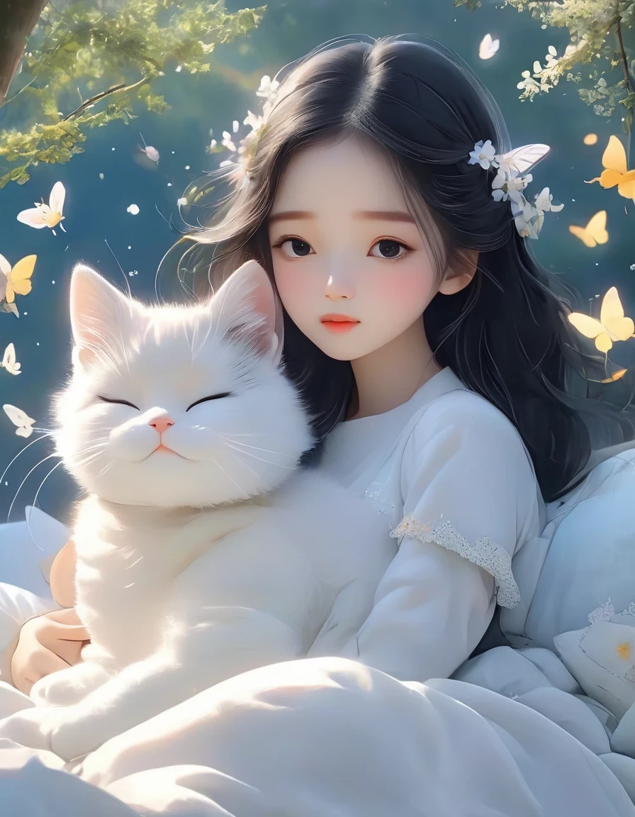 (best quality,4K,8K,HD,masterpiece:1.2),super detailed,actual:1.37,illustration,Inspiration for Studio Ghibli,Bed play,(girl,black hair,Lazily nuzzling a lazy cat with closed eyes in the morning),Lazy,charming,delicate eyes,(Highlighting the Expression of the girl's Fleshy Meticulous Little Lips),they hesitate,try to sleep,the essence of spring,butterflies flying spring flowers, spring tree, spring flowers, bright colors, warm sunlight, soft light, cozy atmosphere, energetic, young.