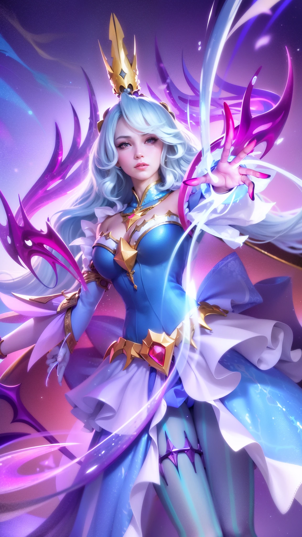 (8k, RAW photo, photorealistic:1.25) ,( lipgloss, eyelashes, glosace, glossy skin, depth of field, chromatic aberration, caustics, Broad lighting, natural shading, a woman in a blue dress with a crown and a sword, beautiful celestial mage, mobile wallpaper, mystical atlantean valkyrie, ultra hd, ultra detailed texture, hyper realistic, detailed texture, detailed face, detailed skin, detailed lighting, best quality, beautiful lighting, cinematic lighting, professional lighting, ultra highres, realistic, detailed hair, real hair, white hair, high quality, (realskin:1.5), extremely detailed, finely detail, ultra-detailed, detail eyes, cinematic background, red eyes, red lips
