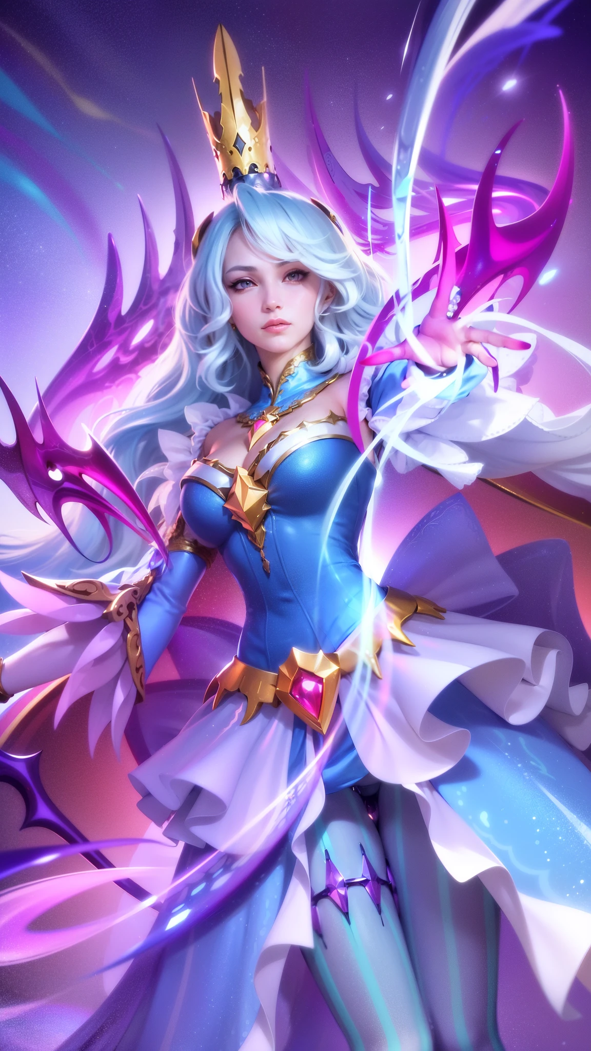 (8k, RAW photo, photorealistic:1.25) ,( lipgloss, eyelashes, glosace, glossy skin, depth of field, chromatic aberration, caustics, Broad lighting, natural shading, a woman in a blue dress with a crown and a sword, beautiful celestial mage, mobile wallpaper, mystical atlantean valkyrie, ultra hd, ultra detailed texture, hyper realistic, detailed texture, detailed face, detailed skin, detailed lighting, best quality, beautiful lighting, cinematic lighting, professional lighting, ultra highres, realistic, detailed hair, real hair, white hair, high quality, (realskin:1.5), extremely detailed, finely detail, ultra-detailed, detail eyes, cinematic background, red eyes, red lips