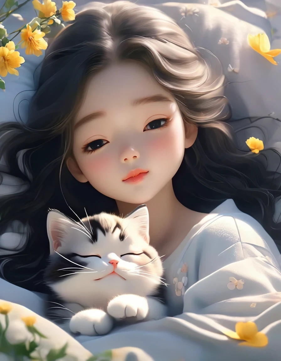 (best quality,4K,8K,HD,masterpiece:1.2),super detailed,actual:1.37,illustration,Inspiration for Studio Ghibli,Bed play,(girl,black hair,Lazily nuzzling a lazy cat with closed eyes in the morning),Lazy,charming,delicate eyes,(Highlighting the Expression of the girl's Fleshy Meticulous Little Lips),they hesitate,try to sleep,the essence of spring,butterflies flying spring flowers, spring tree, spring flowers, bright colors, warm sunlight, soft light, cozy atmosphere, energetic, young.