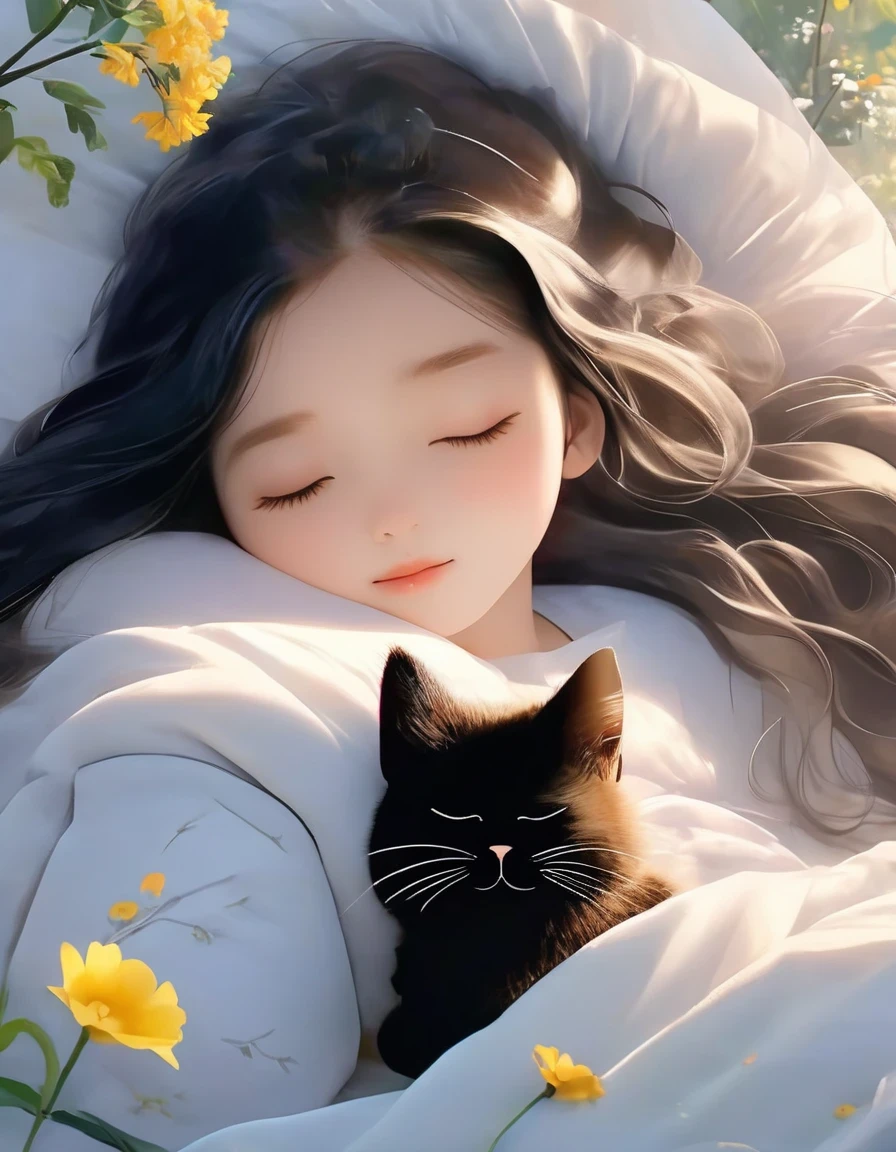 (best quality,4K,8K,HD,masterpiece:1.2),super detailed,actual:1.37,illustration,Inspiration for Studio Ghibli,Bed play,(girl,black hair,Lazily nuzzling a lazy cat with closed eyes in the morning),Lazy,charming,delicate eyes,(Highlighting the Expression of the girl's Fleshy Meticulous Little Lips),they hesitate,try to sleep,the essence of spring,butterflies flying spring flowers, spring tree, spring flowers, bright colors, warm sunlight, soft light, cozy atmosphere, energetic, young.