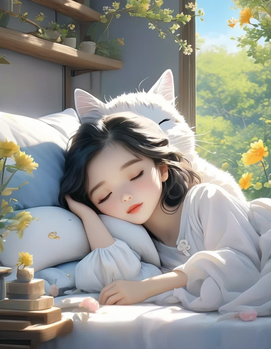 (best quality,4K,8K,HD,masterpiece:1.2),super detailed,actual:1.37,illustration,Inspiration for Studio Ghibli,Bed play,(girl,black hair,Lazily nuzzling a lazy cat with closed eyes in the morning),Lazy,charming,delicate eyes,(Highlighting the Expression of the girl's Fleshy Meticulous Little Lips),they hesitate,try to sleep,the essence of spring,butterflies flying spring flowers, spring tree, spring flowers, bright colors, warm sunlight, soft light, cozy atmosphere, energetic, young.