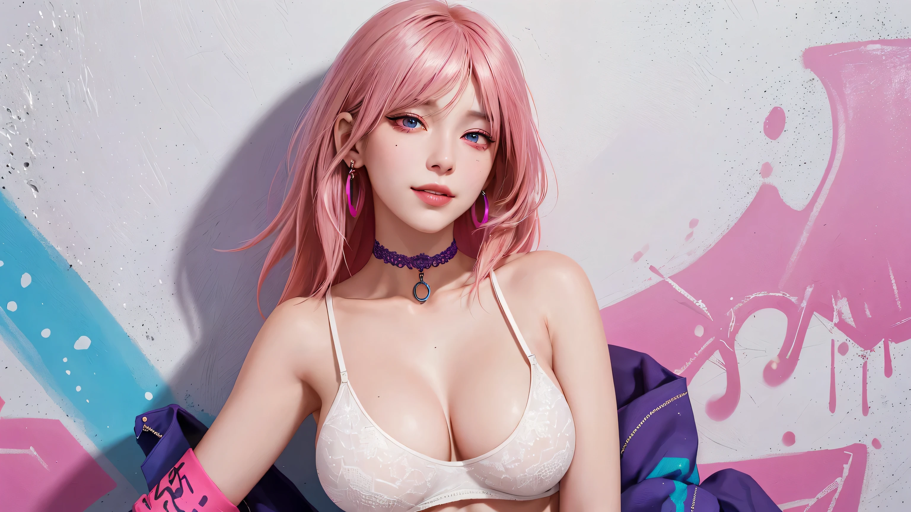 (masterpiece, best quality, 1girl, solo, intricate details, chromatic aberration), realistic, ((medium breath)),long hair, pink hair, red head ornament, pink highlights, hair over one eye,purple eyes, earrings, sharp eyes, choker, neon shirt, She wears a collar, bangles, and a kimono-style garter belt., crop top, (symmetry eyes),(perfect symmetrical body),against wall, brick wall, (colorful graffiti words on wall:1.2), dim lighting, alley ,look at viewer、dig breasts、smile、(No sleeve、Navel exposed、fitted turtleneck)、hot pants string street、thin butt、Please generate above the eaves.、thin shoulders、In underwear、