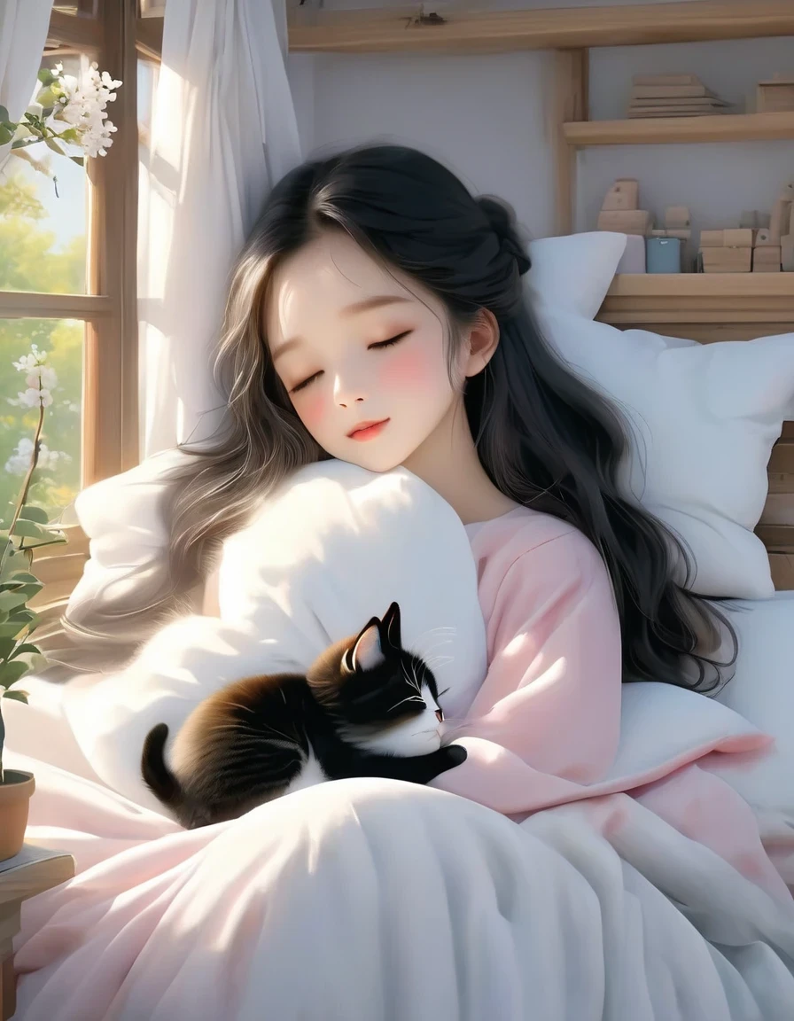 (best quality,4K,8K,HD,masterpiece:1.2),super detailed,actual:1.37,illustration,Inspiration for Studio Ghibli,Bed play,(girl,black hair,Lazily nuzzling a lazy cat with closed eyes in the morning),Lazy,charming,delicate eyes,(Highlighting the Expression of the girl's Fleshy Meticulous Little Lips),they hesitate,try to sleep,the essence of spring,butterflies flying spring flowers, spring tree, spring flowers, bright colors, warm sunlight, soft light, cozy atmosphere, energetic, young.