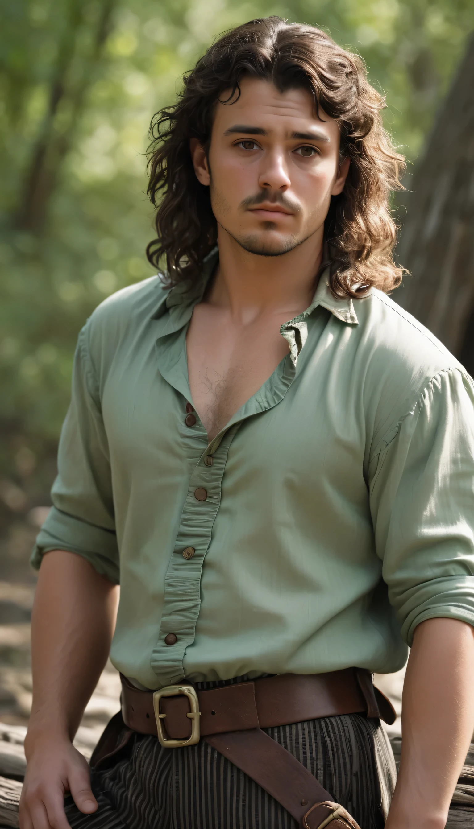 Green-tinted photo, 30 y.o pirate, male, wearing a ruffle shirt and vertical-striped trousers, brown eyes, dark hair, curly mullet, oval-shaped jawline, chubby face, broad shoulders, thick chest, stout, stocky build, slightly overweight, hairy chest, hairy arms, perfect detailed eyes, bulbous nose, sweaty, glistening skin, sitting on a driftwood log, hard shadows, masterpiece, cinematic
