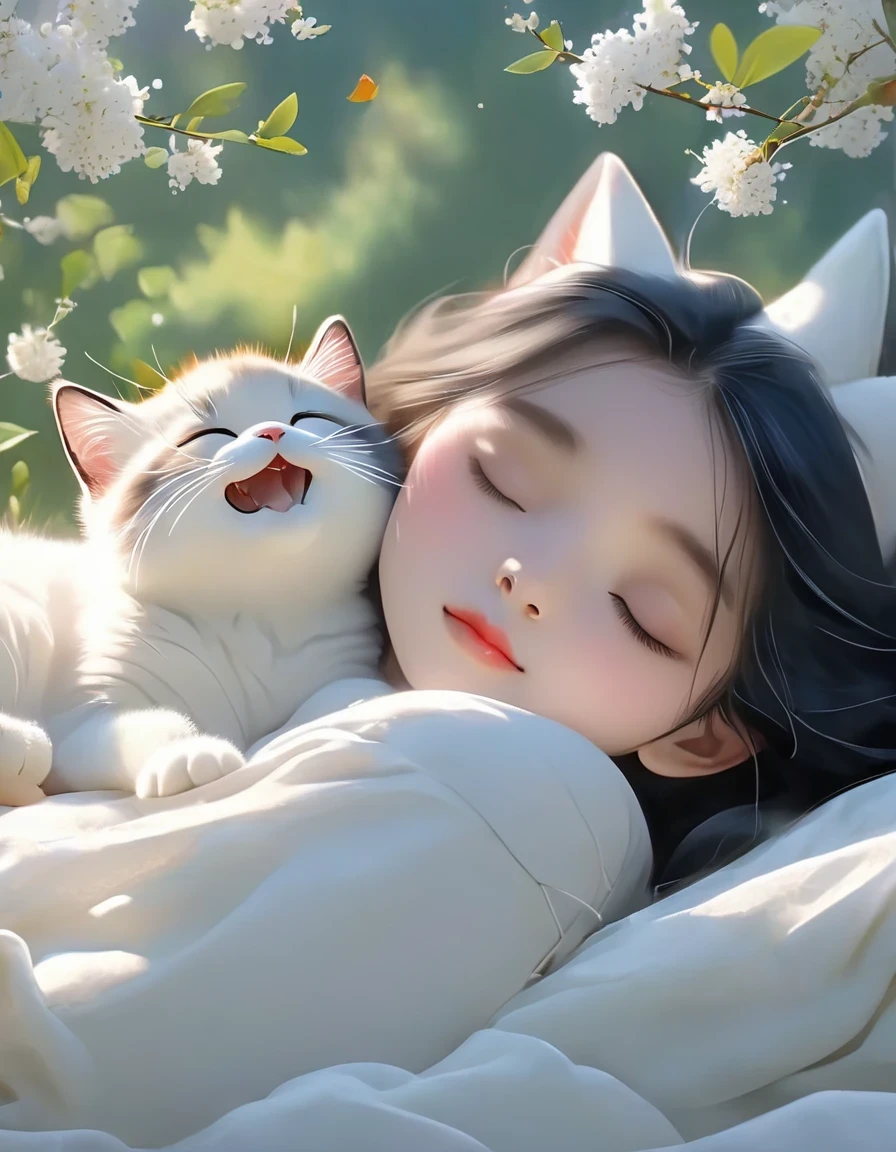 (best quality,4K,8K,HD,masterpiece:1.2),super detailed,actual:1.37,illustration,Inspiration for Studio Ghibli,Bed play,(girl,black hair,Lazily nuzzling a lazy cat with closed eyes in the morning),Lazy,charming,delicate eyes,(Highlighting the Expression of the girl's Fleshy Meticulous Little Lips),they hesitate,try to sleep,the essence of spring,butterflies flying spring flowers, spring tree, spring flowers, bright colors, warm sunlight, soft light, cozy atmosphere, energetic, young.