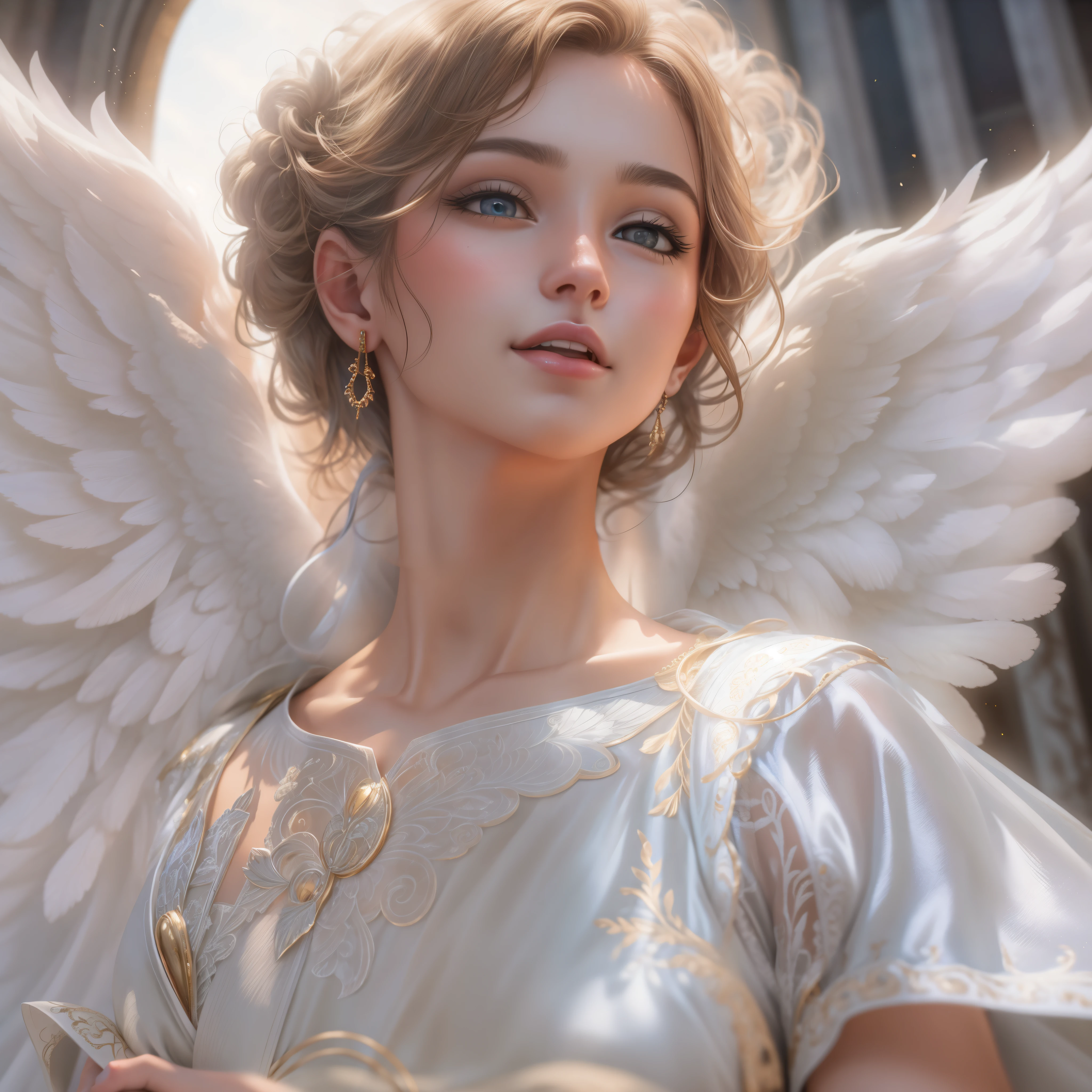 masterpiece, highest quality, 8K, real person, realistic, Very detailed CG, shiny skin, Fully focused, heaven, glory of god, shine, Angel, bless, happiness,