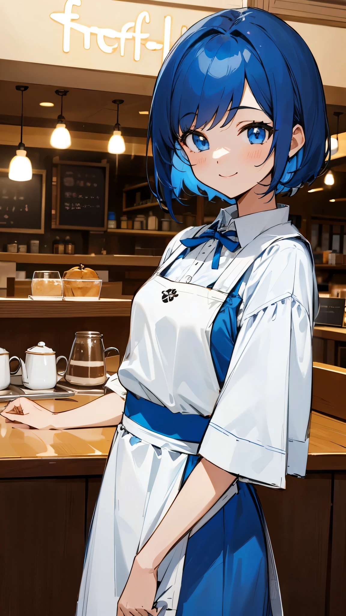 detailed background、1 girl、white blouse、blue skirt、Apron appearance、dark blue hair、Shining light blue eyes、smile、((indoor、morning、Cafe))、sharp outline