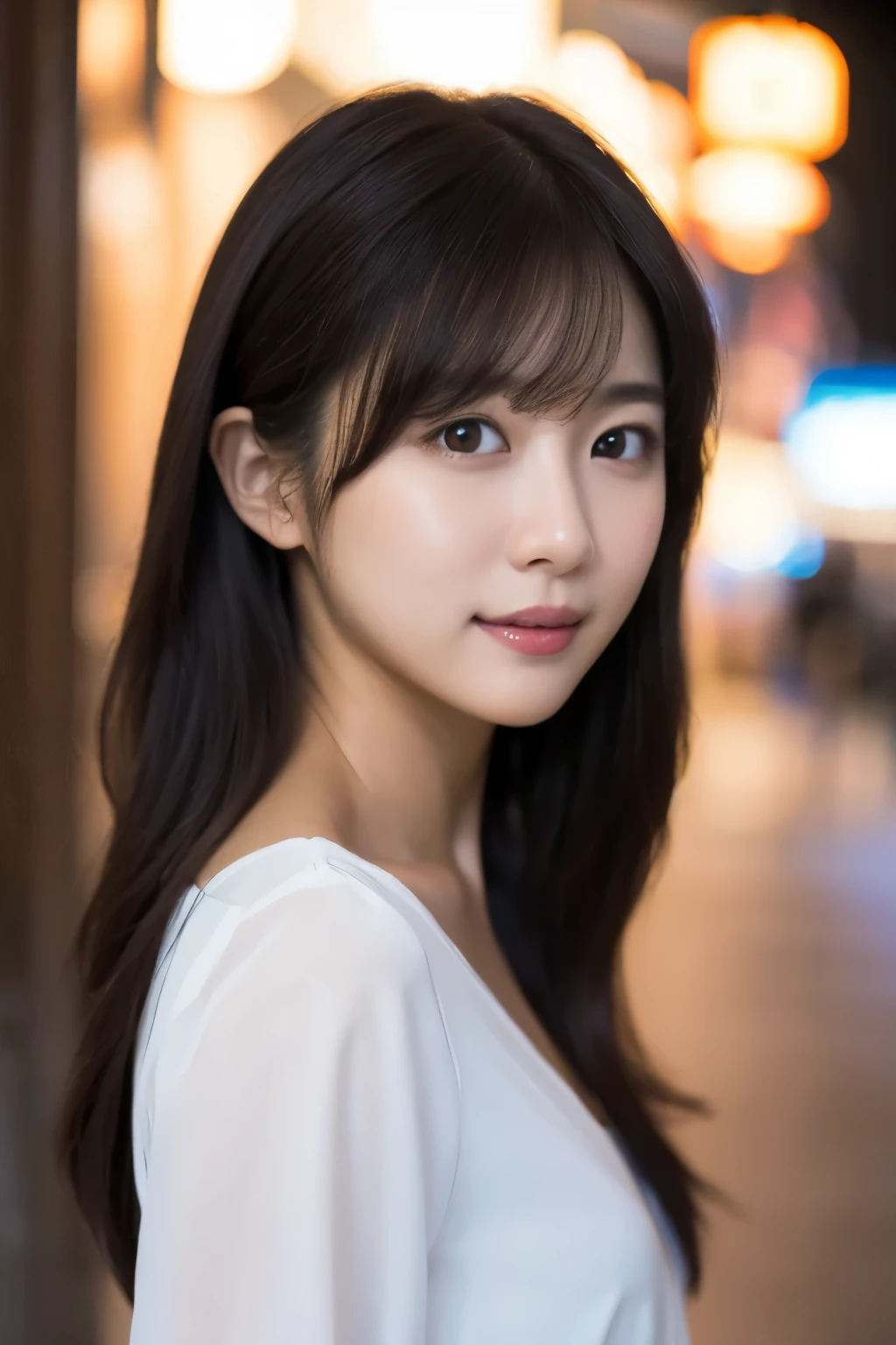 1 girl, (wear a v-neck blouse), Raw photo, highest quality, Photoreal, very delicate and beautiful, very detailed, 8k wallpaper, soft light, beautiful girl, very detailed目と顔, beautifully detailed nose, detailed and beautiful eyes, night city lights, perfect anatomy, slender body, taut, straight semi-long hair, bangs, ((looking at the viewer)), slight smile