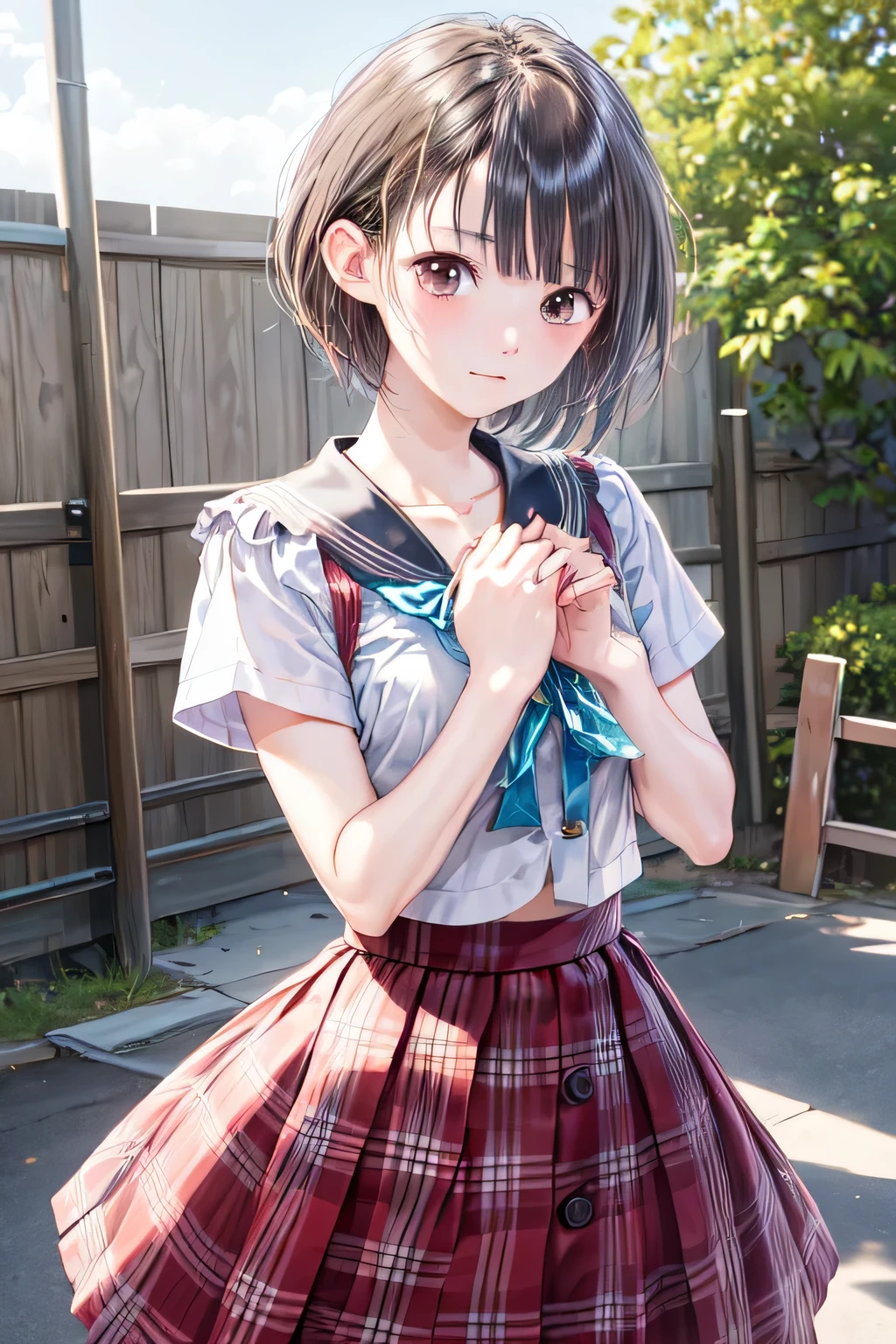 (masterpiece, best quality:1.2), cowboy shot, solo, 1girl, shirai hinako, expressionless, closed mouth, looking at viewer, own hands together, , serafuku, plaid skirt