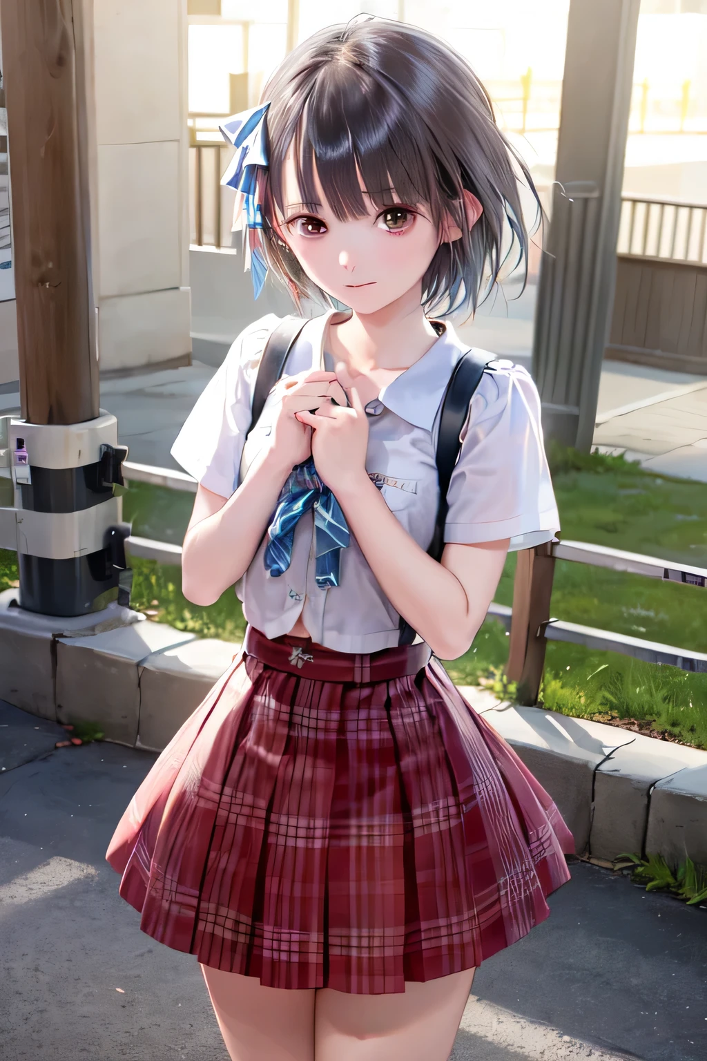 (masterpiece, best quality:1.2), cowboy shot, solo, 1girl, shirai hinako, expressionless, closed mouth, looking at viewer, own hands together, , serafuku, plaid skirt