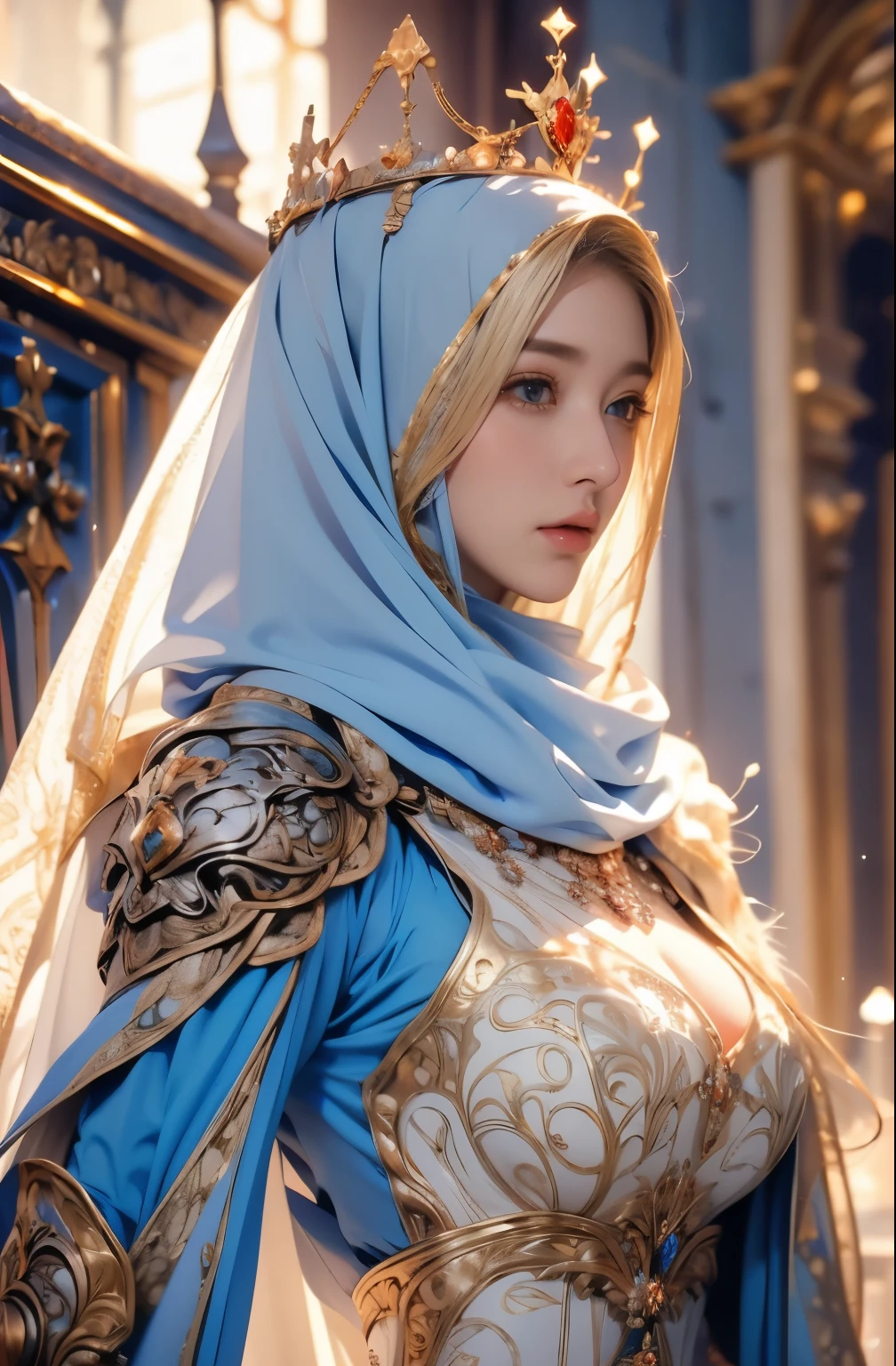  , wearing a hijab , luxury hijab,crown luxury , blue eye, blond hair, around 17 years old, (gold ), tmasterpiece，Best quality at best，A high resolution，8K，((Portrait))，(upper body)，Original photo，real photograph，digital photography，(Female princess in the medieval fantasy style),  princess ，blue eye， super colossal , round colossal  ，open kissing lips，Keep your mouth shuegant and charming，((Blushing))，virgin contempt，Calm and handsome，(Medieval fantasy dress，The Beautiful super huge round , small waist, perfect colossal  of princess body, a blue delicate pattern，silver Cloak)，(princes medieval character medieval fantasy style，oc render reflection texture, fighting style,   colossal  , medieval castle background, slim body, very small waist, 