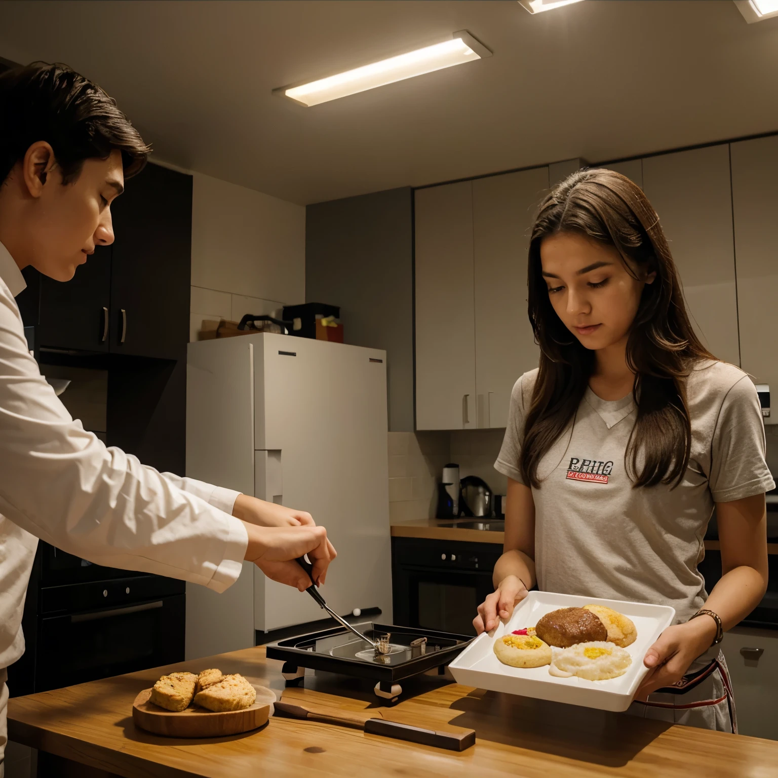 A girl is testing a sophisticated tool for making food in the form of an oven in front of 2 judges. animation