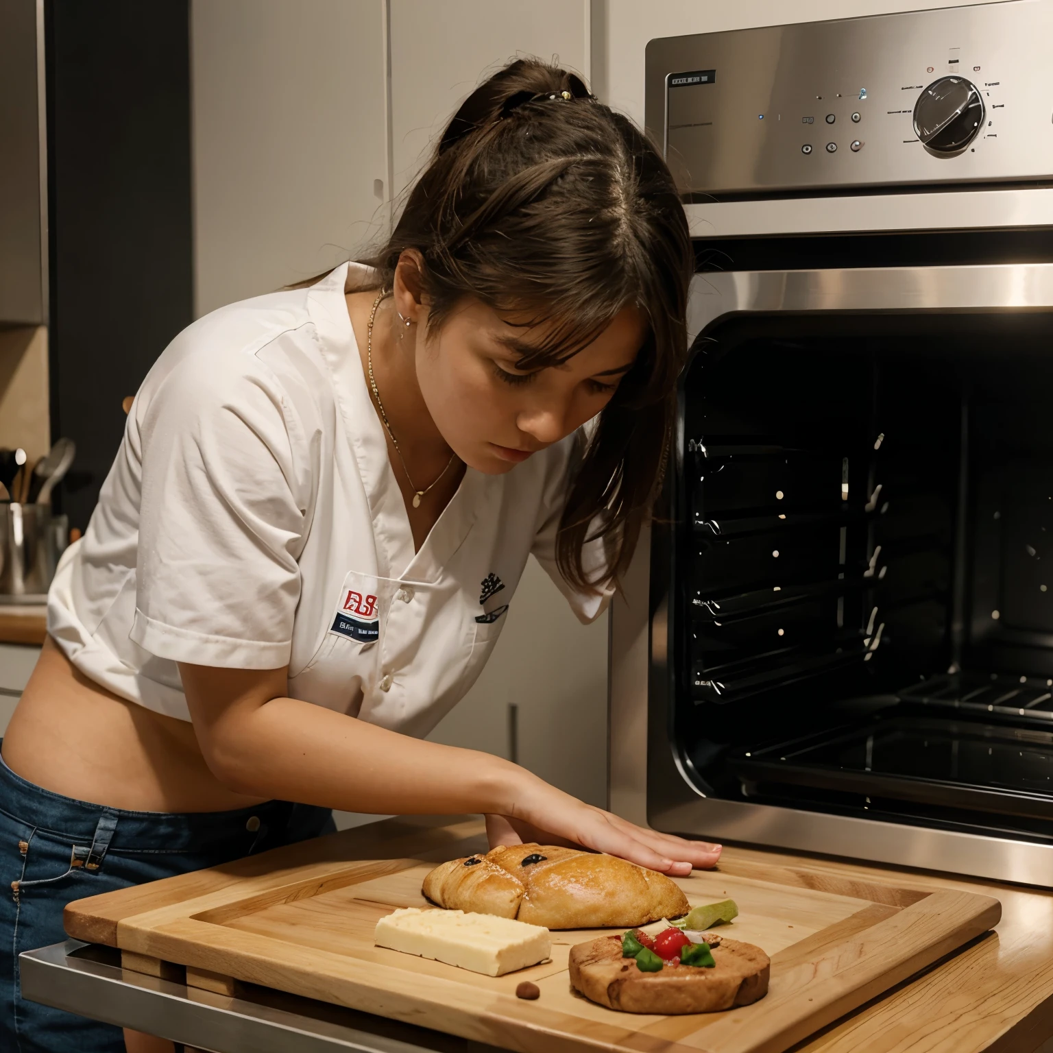 A girl is testing a sophisticated tool for making food in the form of an oven in front of 2 judges. animation