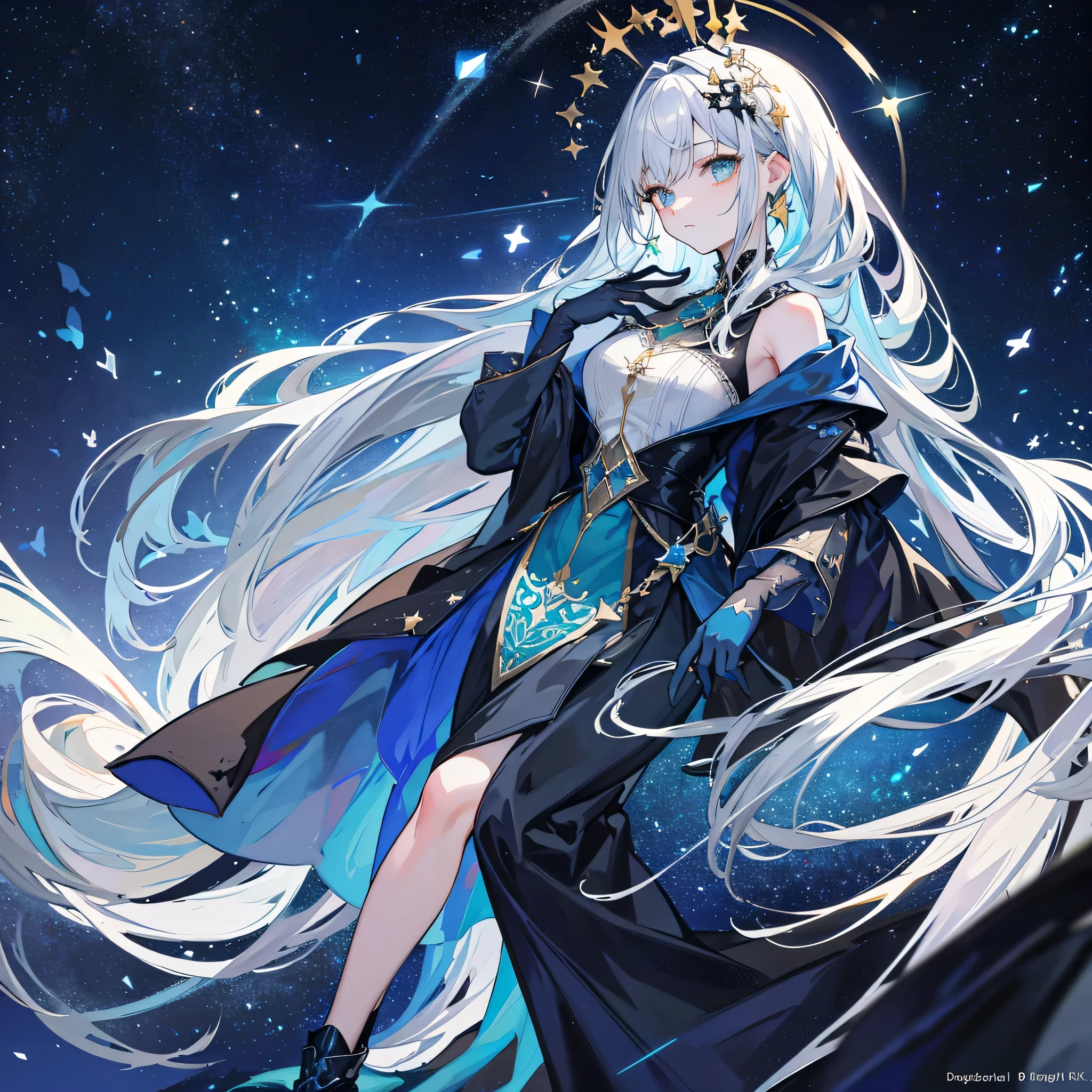 ((Super detailed)),((illustration)),((master paintings)),(((distressed))),((Beautiful and delicate eyes)),(Extremely detailed CG Unity 8K wallpapers,best quality,master paintings),((4K,master paintings,best quality)),A woman who feels like a sister but a little mature,dark blue long hair,Long hair to waist,loose hair,shawl,emerald green eyes,(the only person),The night sky is full of stars,The left hand is slightly raised,There is a ring on the ring finger of the left hand,Dark Blue Oversized Swing Princess Long Dress,Wearing a large navy blue trench coat,There are stars hidden under the skirt,cloak,Dark blue butterflies dance around you,theater background,Star Curtain,Wearing a dark blue veil with stars,sling,on his right hand, He wears gradient blue star gloves,(full body picture),Smaller eyes,(pretty face:1.2),(thinning hair:1.2),((Gorgeous starry sky background)),sit with the stars,The stars are soaring beneath your feet,Stepping on a black hole,dark blue boots
