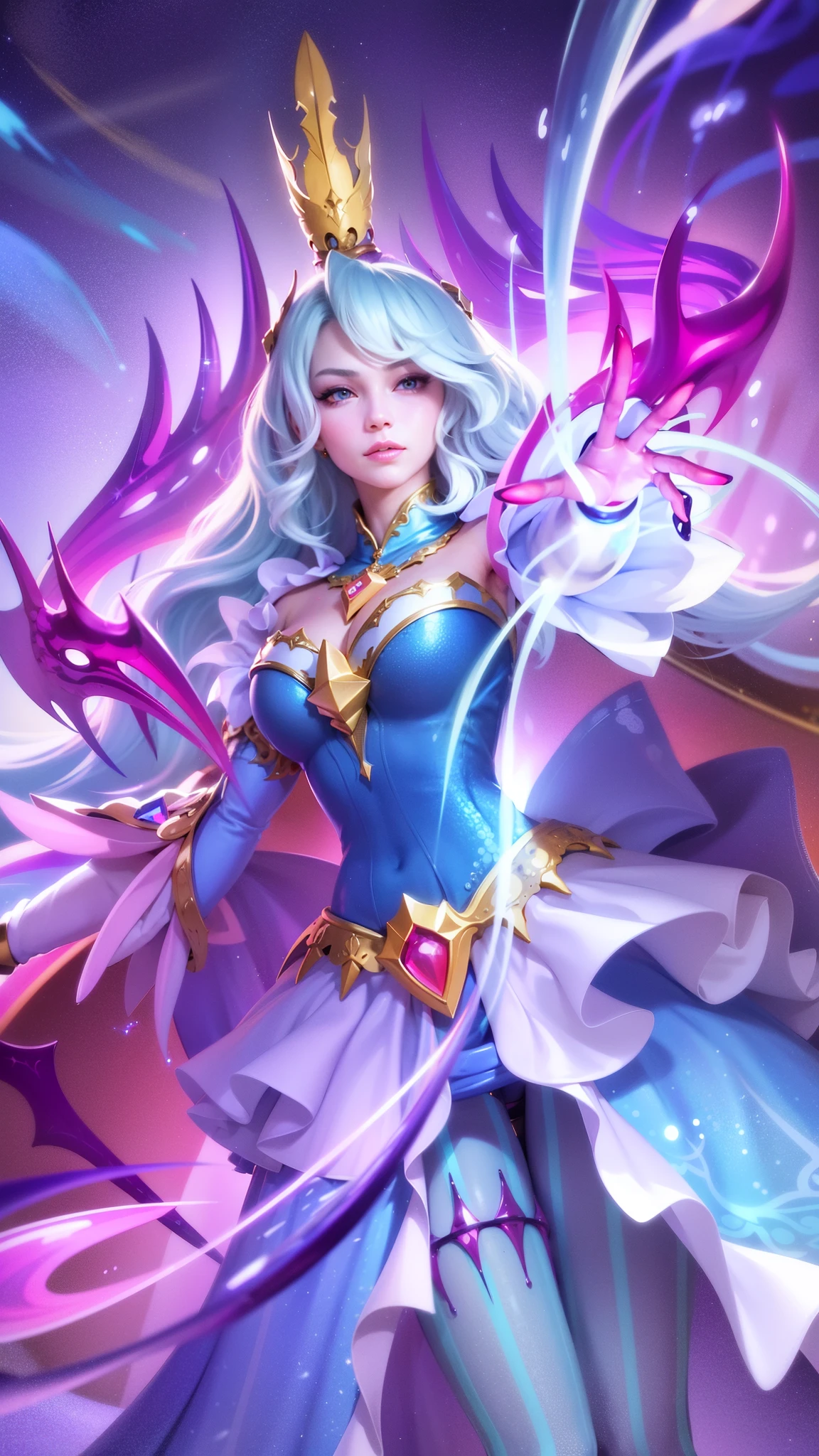 (8k, RAW photo, photorealistic:1.25) , red lipgloss, glosace, glossy skin, depth of field, chromatic aberration, caustics, Broad lighting, natural shading, a woman in a blue dress with a crown and a sword, beautiful celestial mage, mobile wallpaper, mystical atlantean valkyrie, ultra hd, ultra detailed texture, hyper realistic, detailed texture, detailed face, detailed skin, detailed lighting, best quality, beautiful lighting, cinematic lighting, professional lighting, ultra highres, realistic, detailed hair, real hair, white hair, high quality, (realskin:1.5), extremely detailed, finely detail, ultra-detailed, detail eyes, cinematic background, red eyes