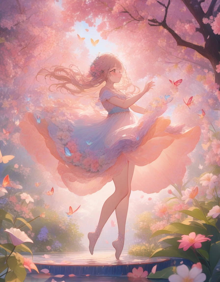 1girl, Spring Morning, aesthetic, masterpiece, best quality, very aesthetic, absurdres, (4k,8k,highres:1.2),ultra-detailed,blooming flowers,blossoming cherry trees,sunlight streaming through the branches,morning dew on the grass,pink and white petals dancing in the air,soft breeze rustling the leaves,newly sprouted green leaves,golden rays of sunshine,lively birds chirping and flying,glistening water droplets on delicate petals,serene atmosphere,fresh and vibrant colors,peaceful and calm setting,tranquil garden,clear blue sky,subtle shadows and reflections,nature awakening with life,tender Spring beauty,whispering whispers of nature,serene and serene scene,sunlit garden filled with delicate fragrance,colorful butterflies flitting about,elegant and dainty butterflies gracefully dancing,delights of Spring,refreshing and joyful ambiance,vivid blooms in every corner,iridescent hummingbirds swiftly hovering,playful bumblebees buzzing amongst the flowers,soft and gentle morning light caressing the garden's beauty,morning mist gradually dissipating,enticing scents of blooming flowers filling the air,bright and cheerful mood,ever-changing Spring colors painting the world,delicate flower petals swaying,creating an enchanting dance,overwhelming sense of rejuvenation and new beginnings.