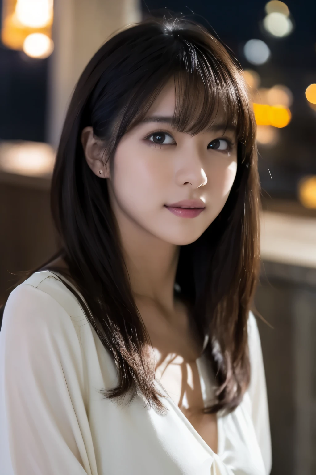 1 girl, (V-neck blouse), Raw photo, highest quality, Photoreal, very delicate and beautiful, very detailed, 8k wallpaper, soft light, beautiful girl, very detailed目と顔, beautifully detailed nose, detailed and beautiful eyes, night city lights, perfect anatomy, slender body, taut, straight semi-long hair, bangs, ((looking at the viewer)), slight smile