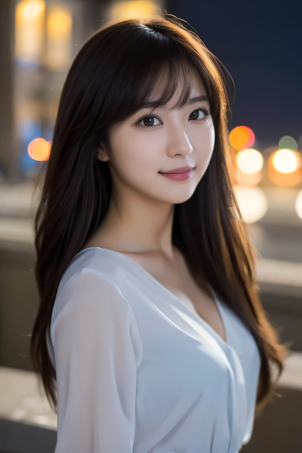 1 girl, (wear a v-neck blouse), Raw photo, highest quality, Photoreal, very delicate and beautiful, very detailed, 8k wallpaper, soft light, beautiful girl, very detailed目と顔, beautifully detailed nose, detailed and beautiful eyes, night city lights, perfect anatomy, slender body, Tight chest bulge, straight semi-long hair, bangs, ((looking at the viewer)), slight smile