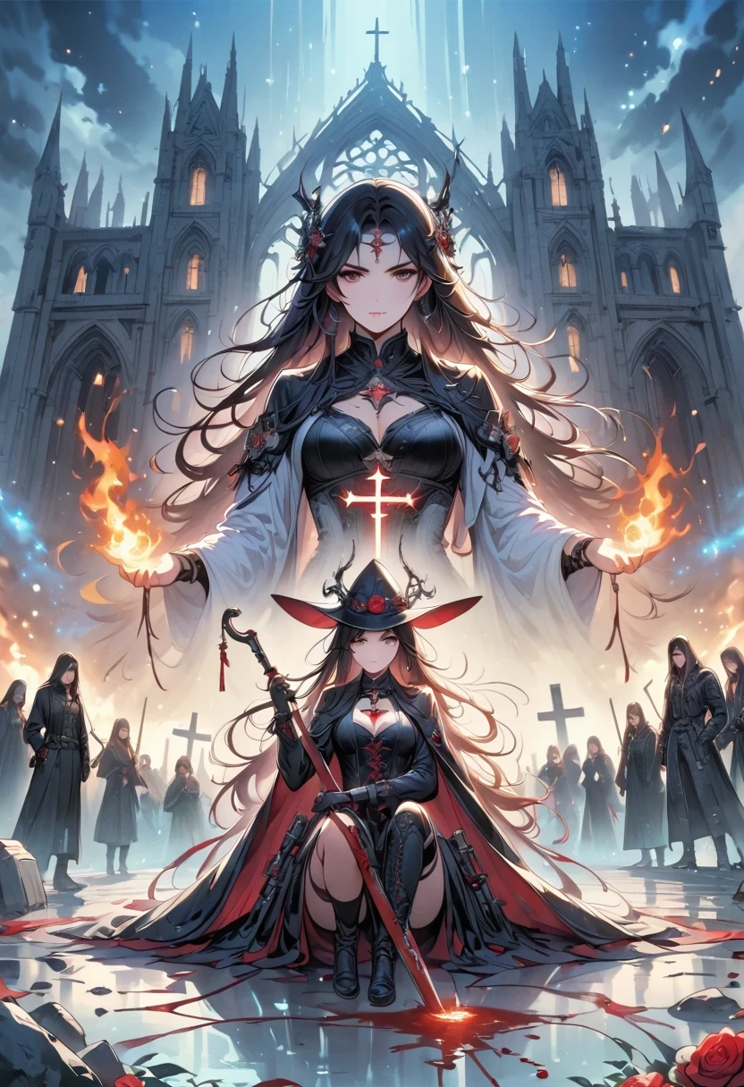 (Messenger from hell:1.4),(Rose field:1.3),cross,一个巨大的Blood-sucking ghost,sickle,hell,magma,flame,(purple flame:1.3),There is fresh Blood on the ground,Blood pool,dripping Blood,Gothic aesthetics,Rose、castle、cross、Blood、Cemetery,gothic style的神秘、solemn and profound,gothic style,gothic style蕾丝的衣服、Rose symbolizes romance、grave、Blood-sucking ghost、witch、ruins、gothic cathedral,Gothic Symbol Series,Rose Garden
